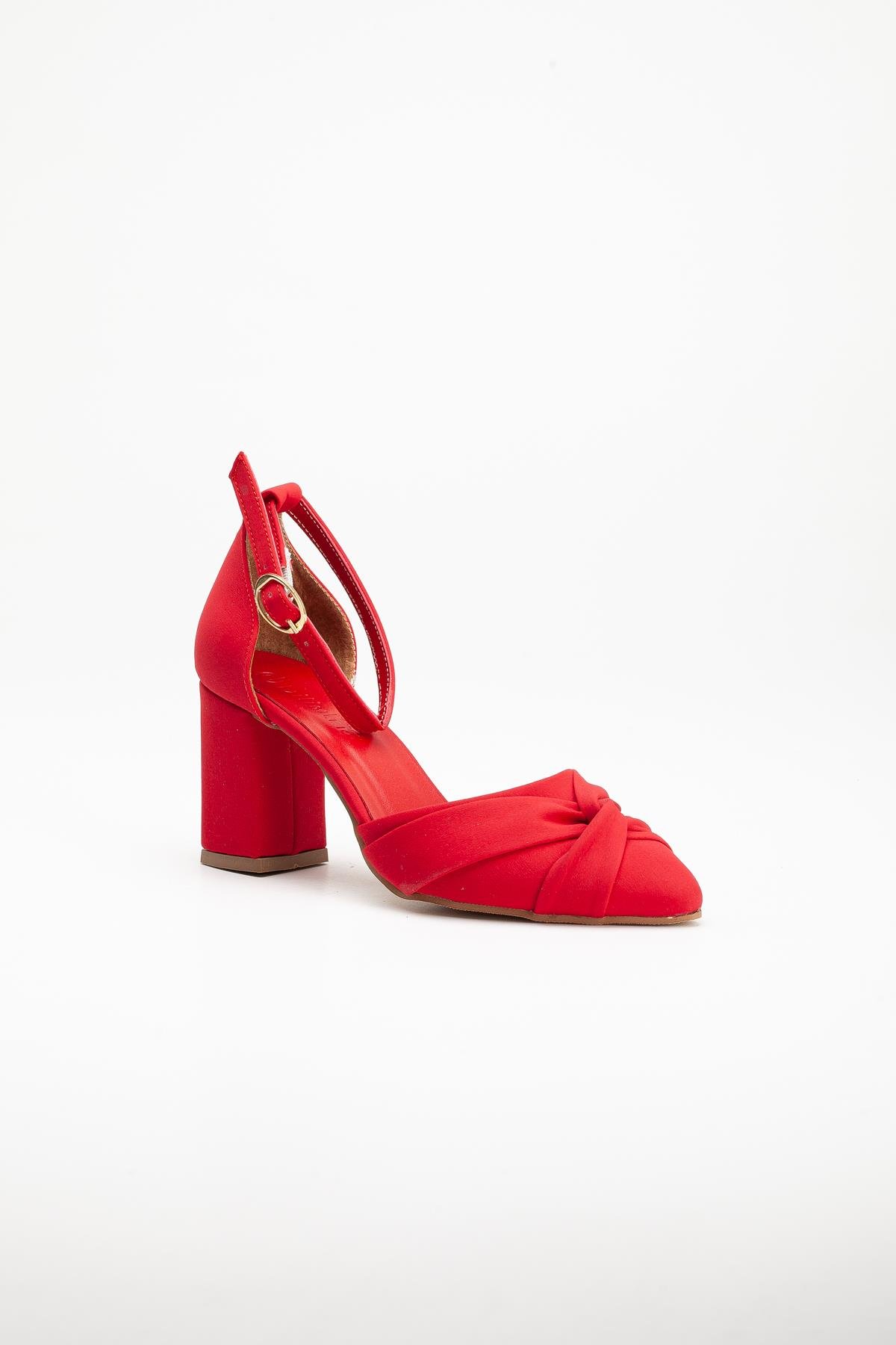 Saten fiyonk Baretli Kırmızı Büyük Numara Kadın Ayakkabısı Topuklu