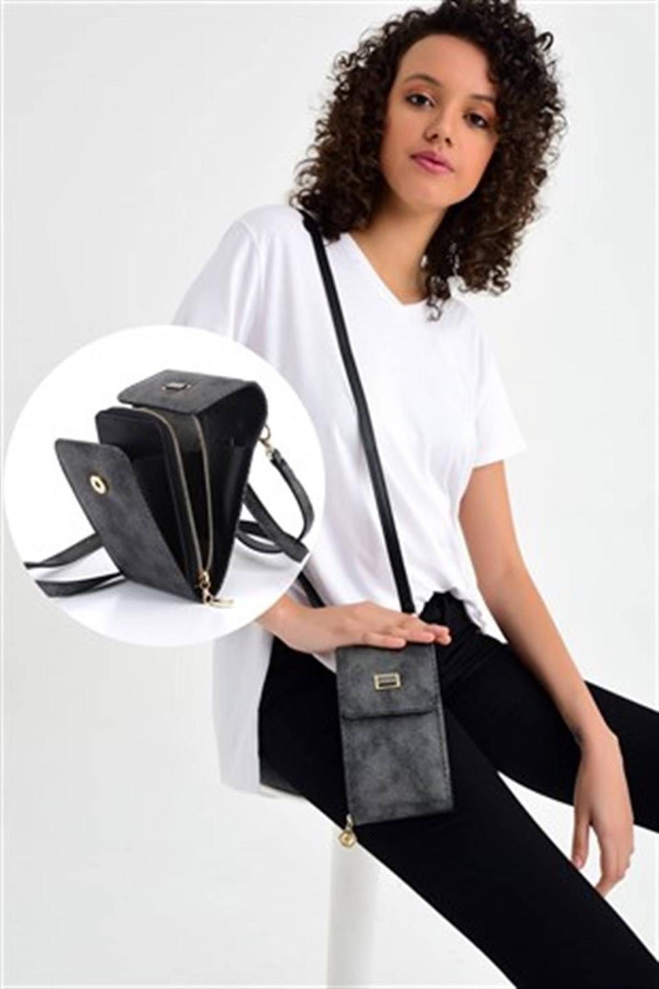 Silver & Polo M.gümüş - Siyah SP889 Kadın Askılı Cüzdan