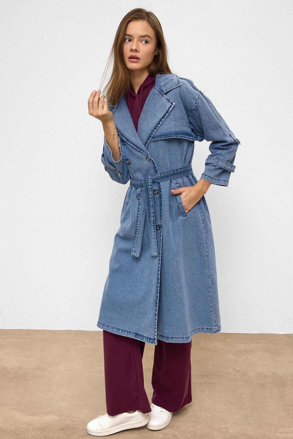 Oversized Denim Trench Coat with Epaulette and Cape Detail BLUE 6789