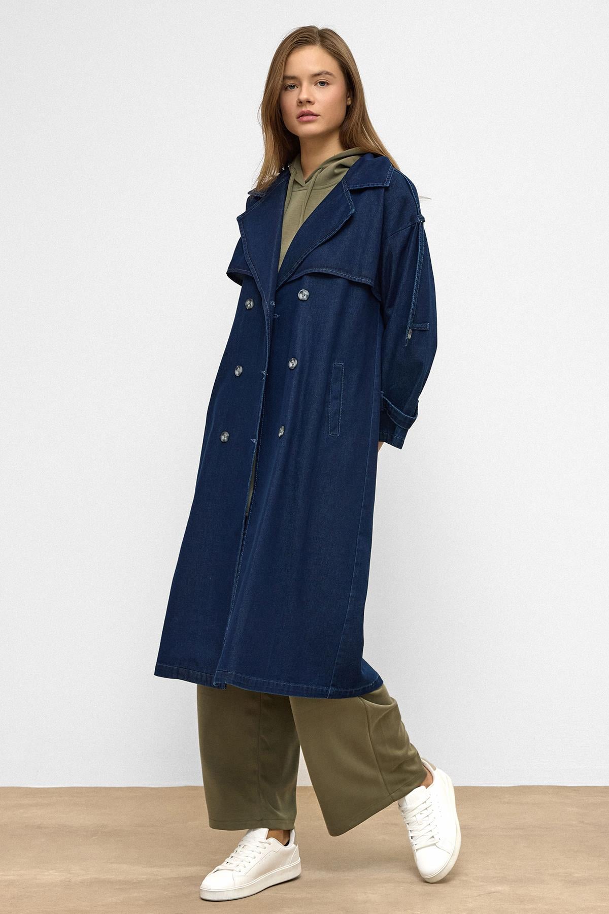 Oversized Denim Trench Coat with Epaulette and Cape Detail DARK