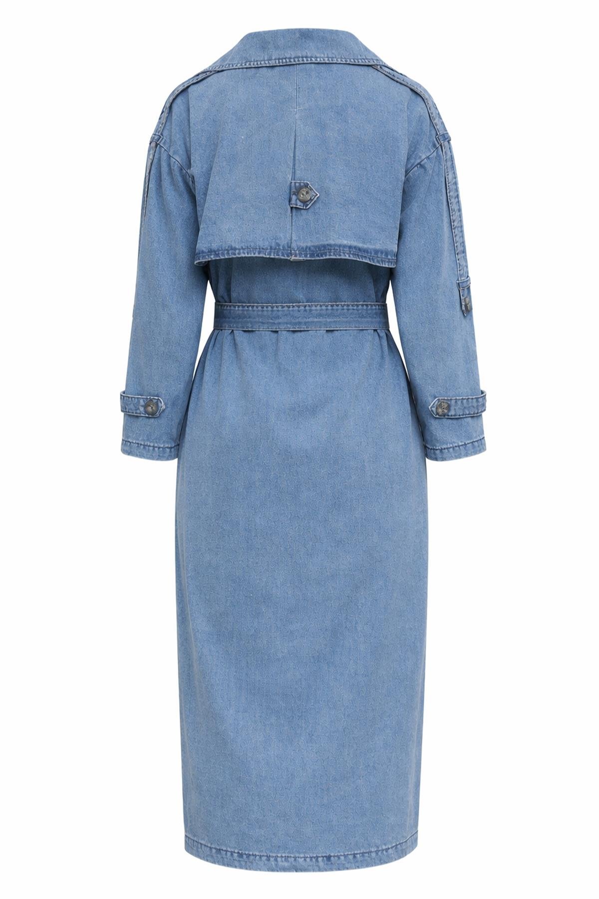 Oversized Denim Trench Coat with Epaulette and Cape Detail BLUE 6789