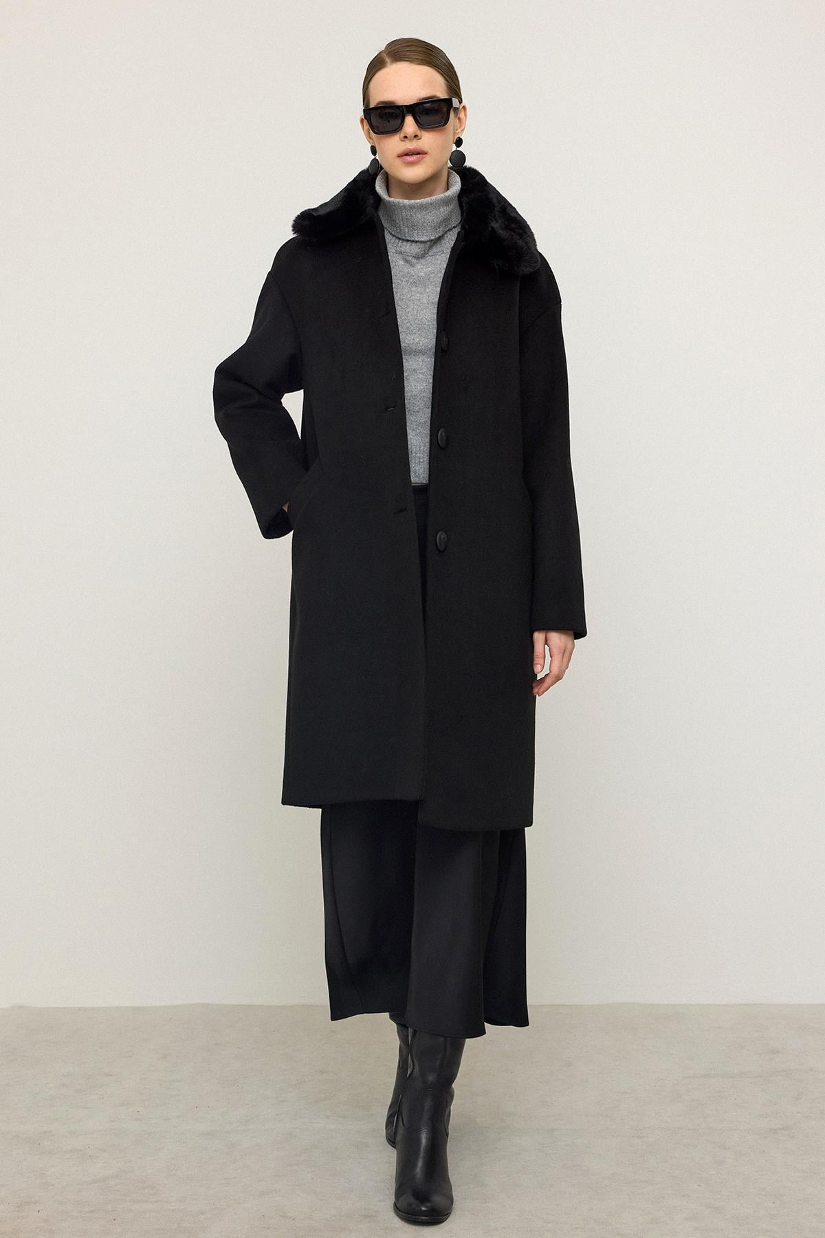 ❤️レア❗️TFW49『HANDSFREE COAT』❤️1piu1uguale3 Çıkabilir Kürklü Düşük Kol Büyük Beden Kaban SİYAH 3089