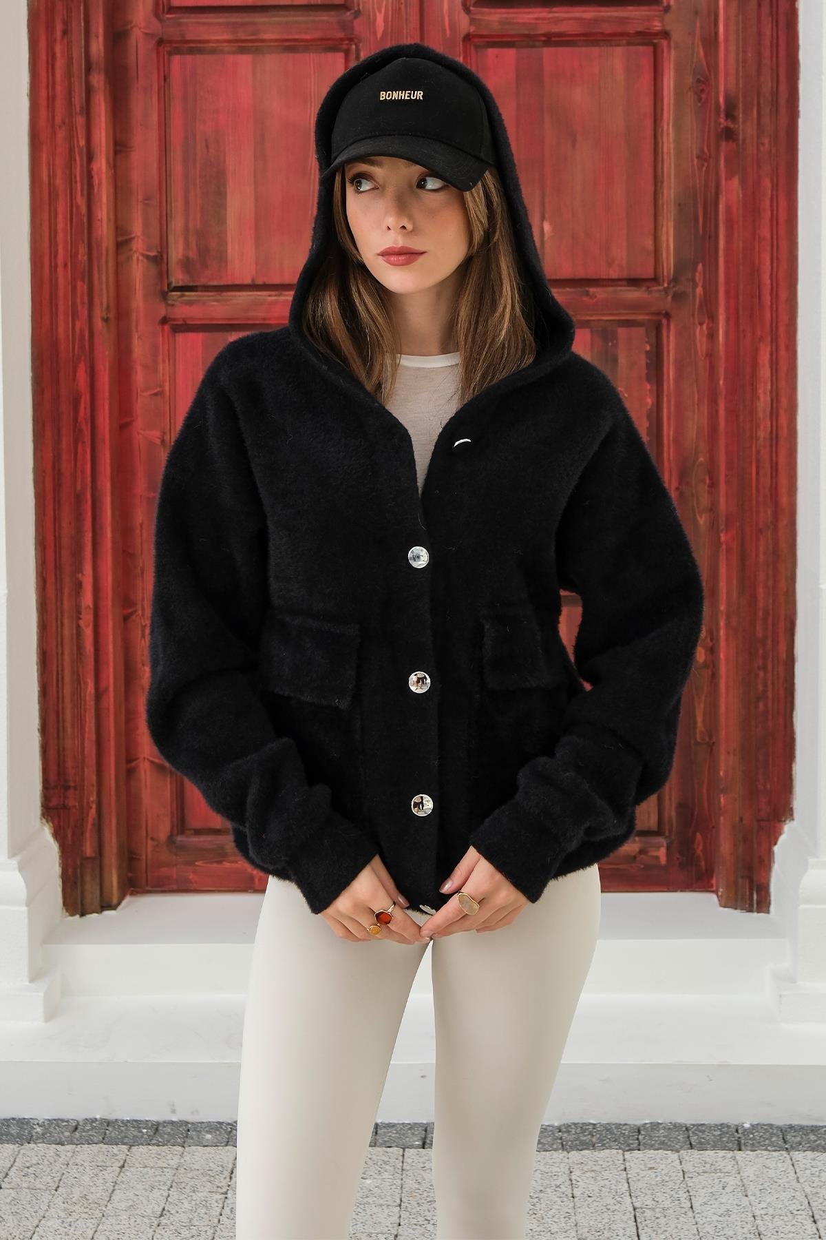 Kapüşonlu Bağcık Detaylı Angora Görünümlü Oversize Ceket SİYAH 8273