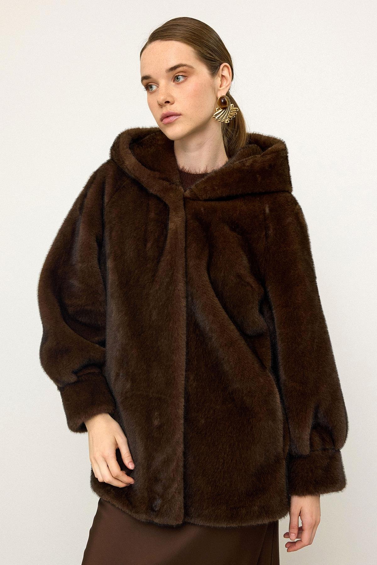 Hooded Fur-Look Exclusive Long Jacket Black Coffee 1008