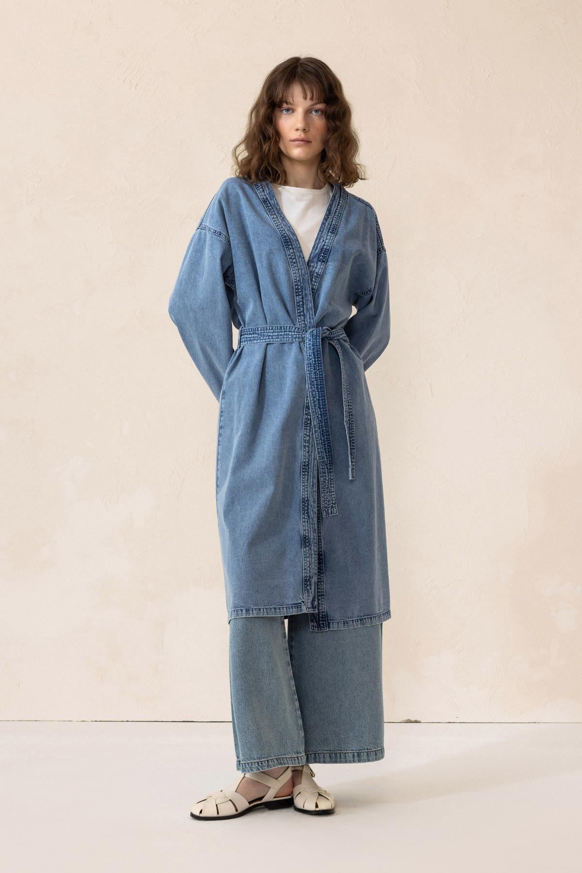 Kuşak Detaylı Astarsız Denim Kap MAVİ 6731