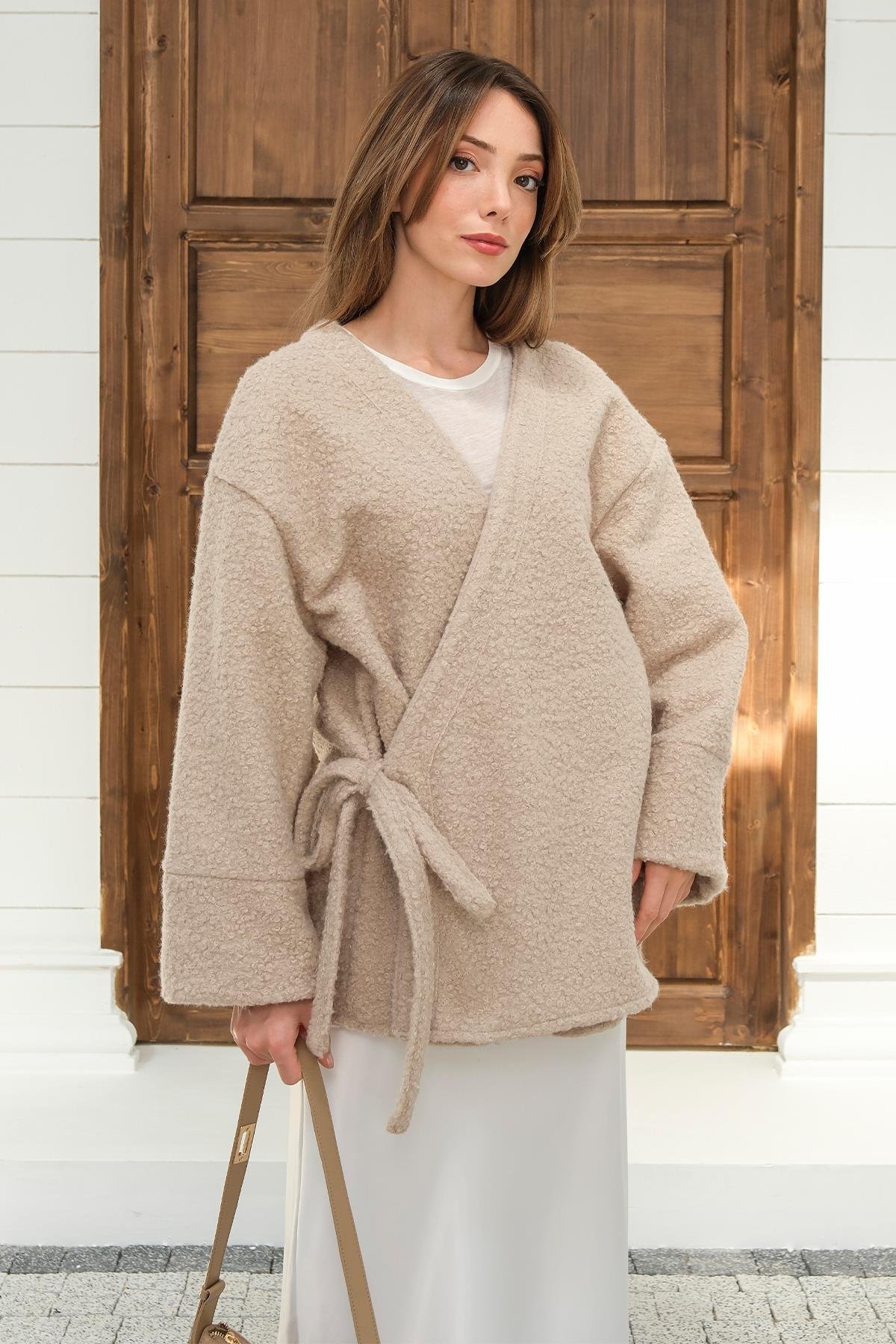 Tie Front Boucle Kimono Jacket STONE 8265