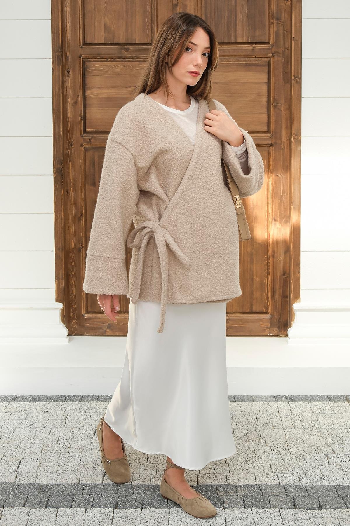 Tie Front Boucle Kimono Jacket STONE 8265