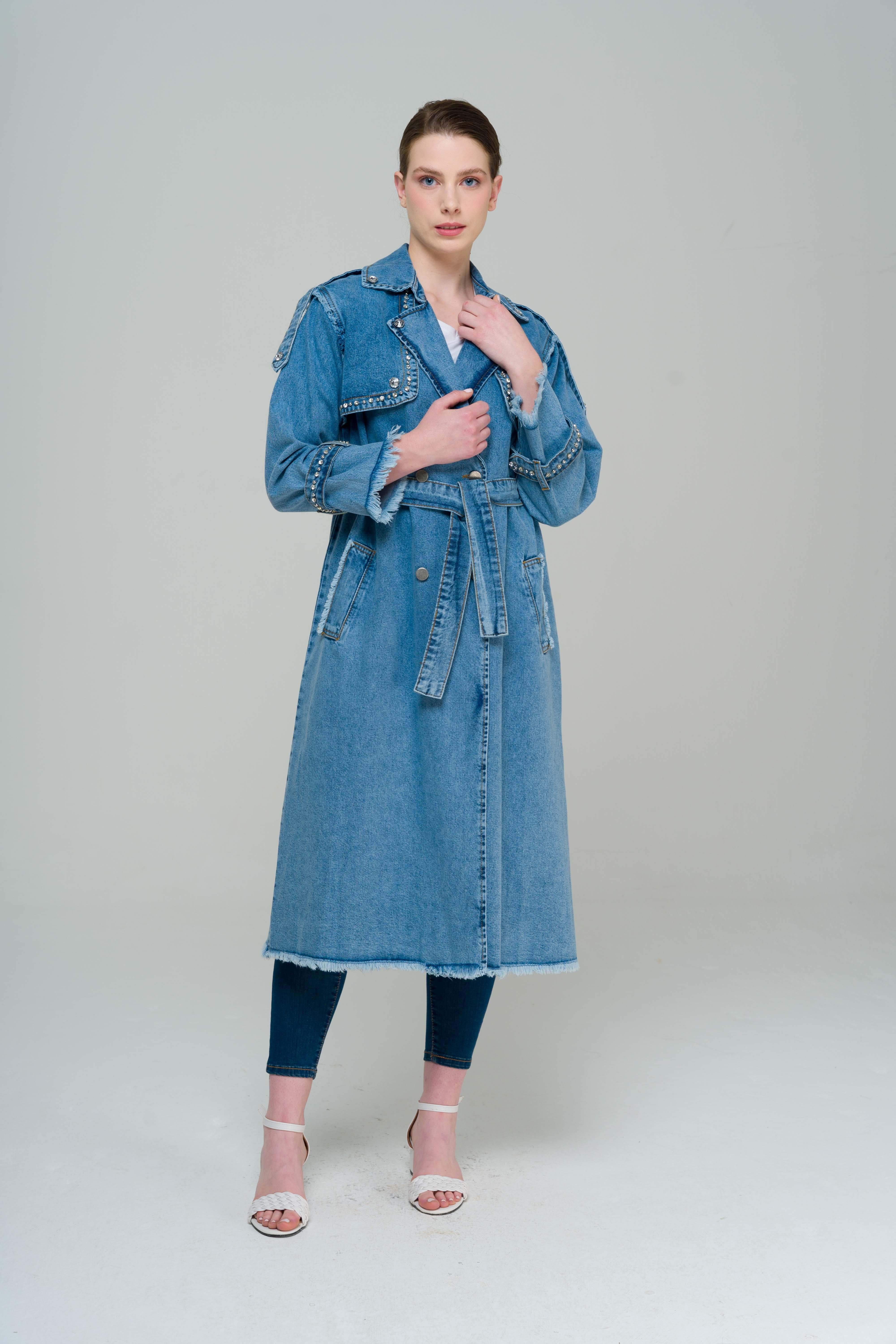 Taş Detaylı Oversize Denim Trençkot MAVİ | Olcay Store
