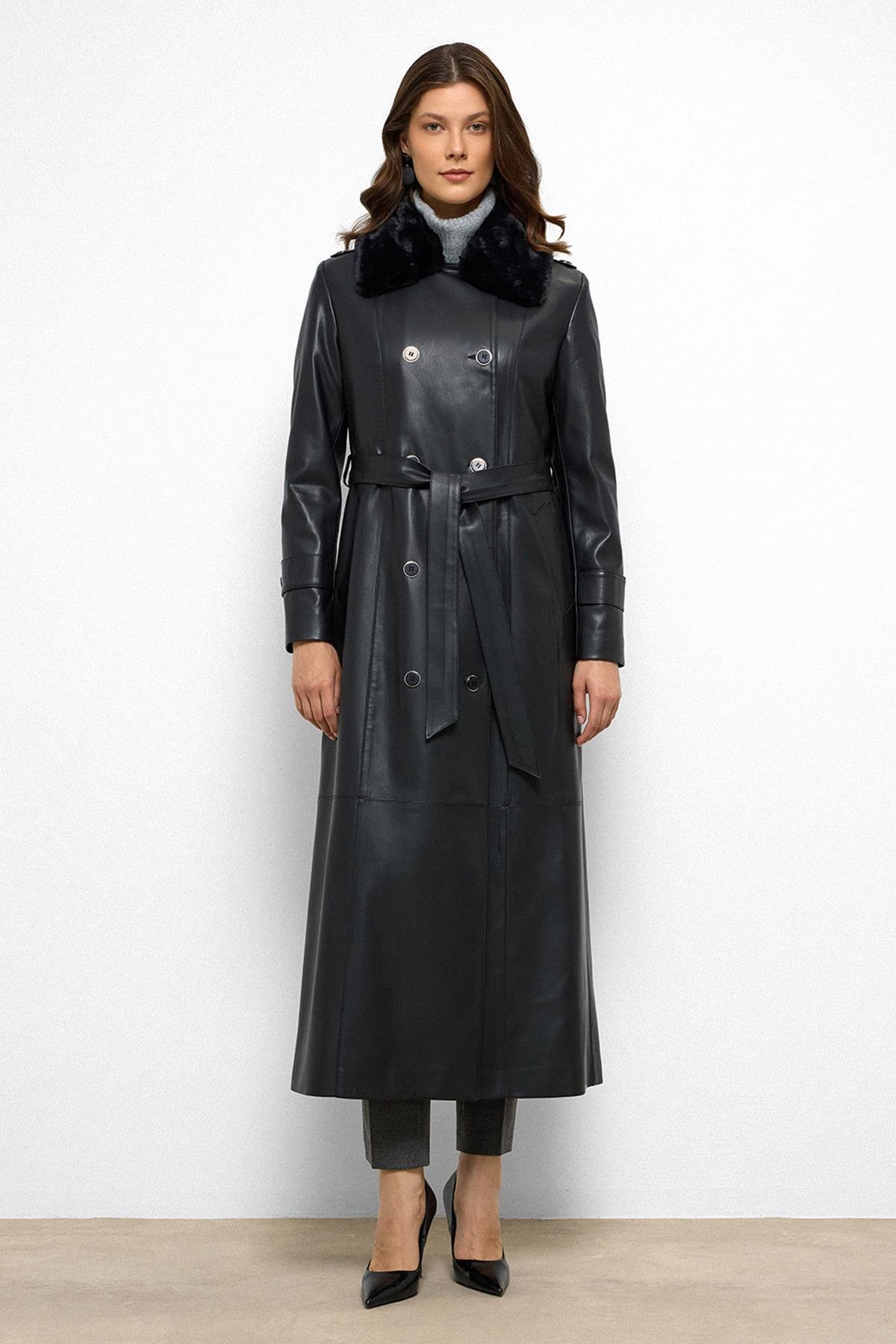 最終値下げ　varet street trench coat Yakası Çıkabilen Kürklü Kruvaze Deri Görünümlü Uzun Trençkot SİYAH