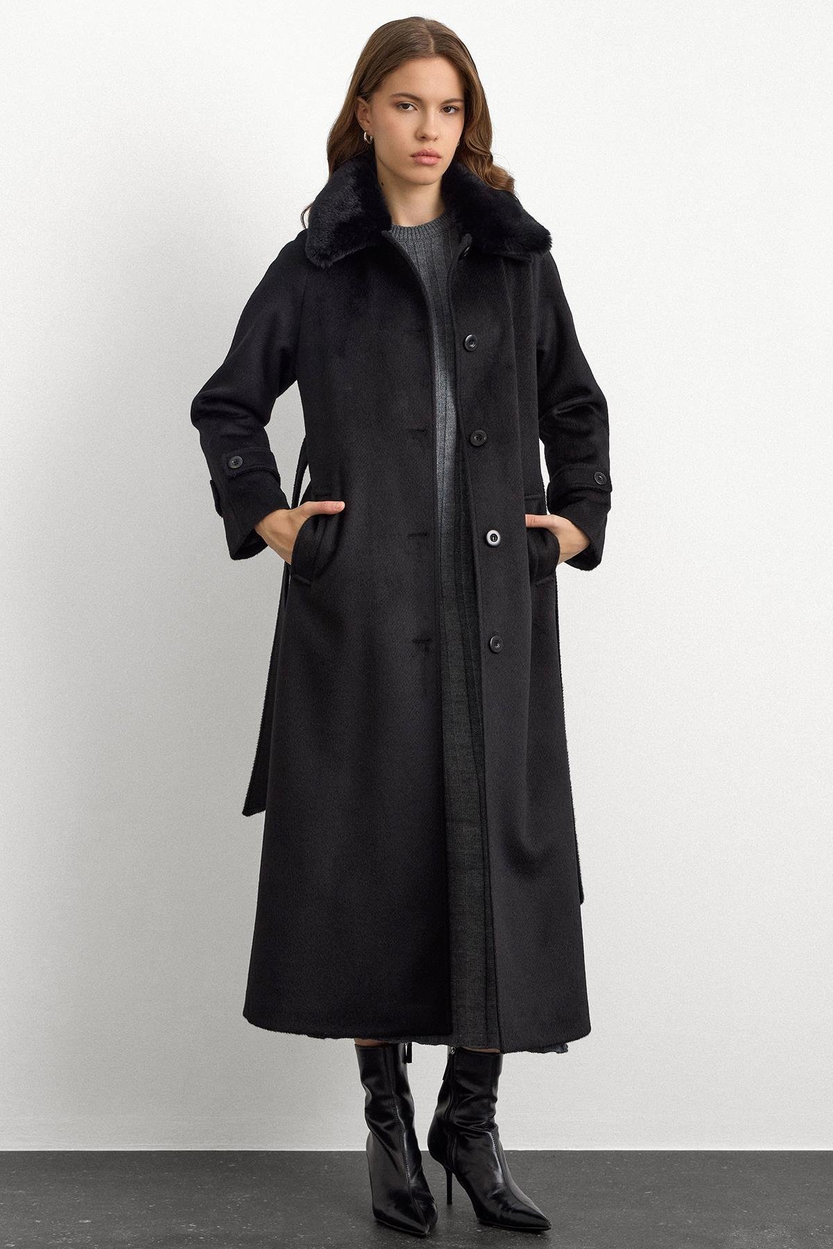 Long Mohair Coat with Removable Fur Collar BLACK 3151