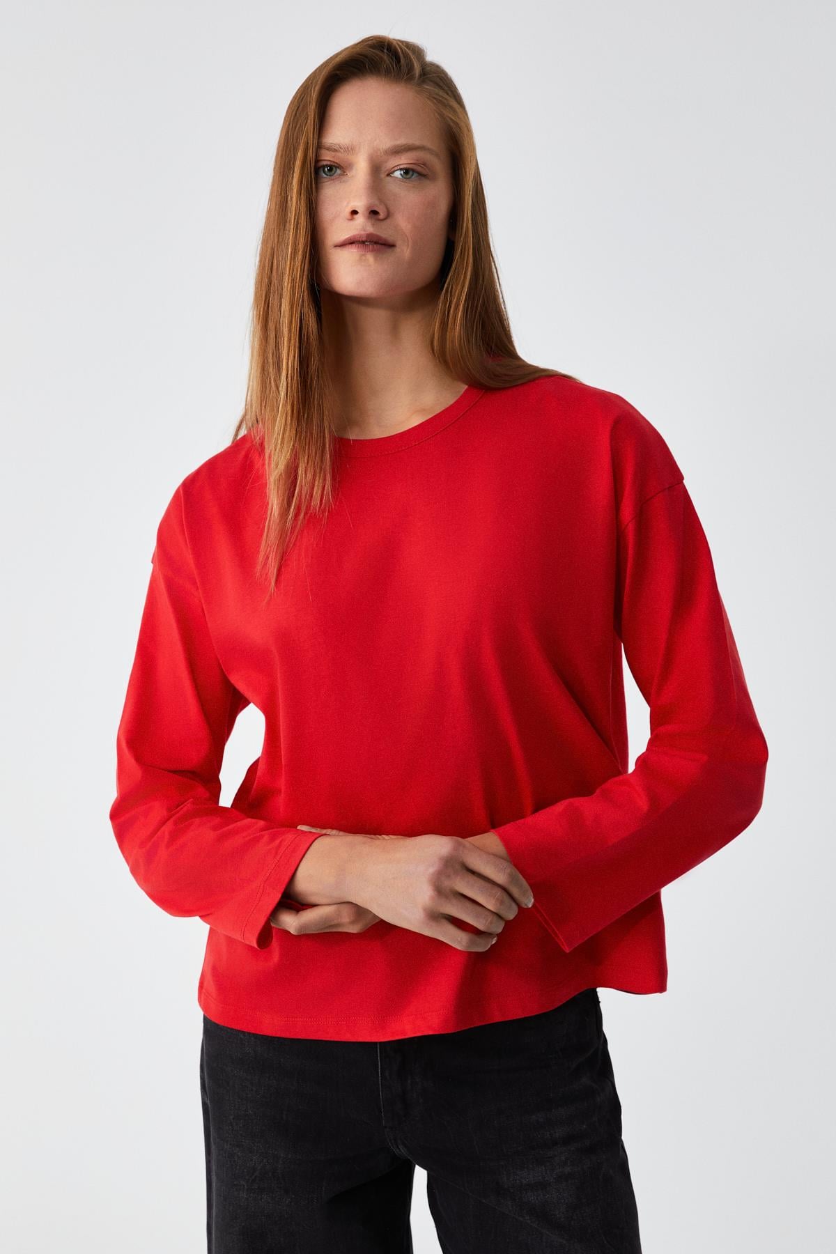 希少　OVERSTAYER M-A-S MODEL8101 BASIL Kadını Oversize %100 Organik Pamuk Örme Uzun Kol Kırmızı T