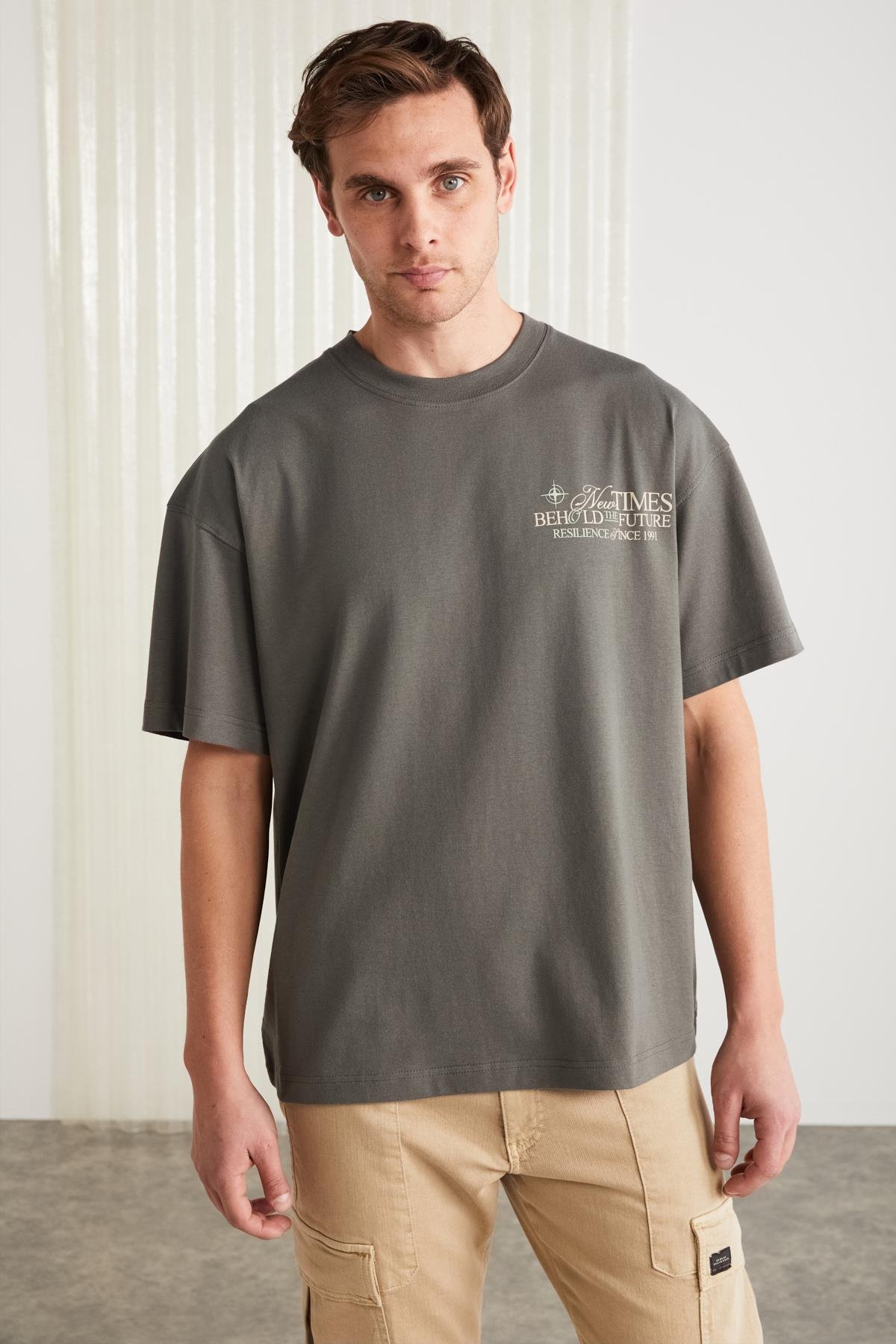 COLIBRI Basic Oversize Gri Tekli T-Shirt | Grimelange