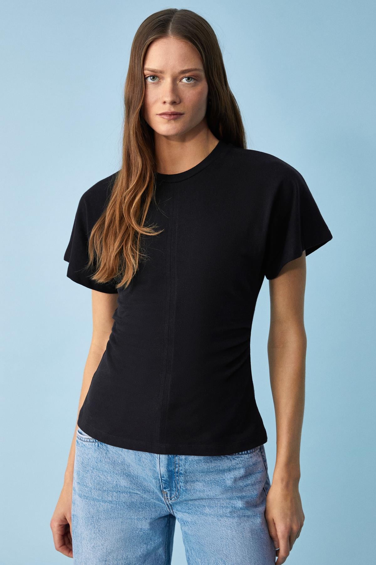 NEXUS Kadın Regular Bisiklet Yaka Büzgü Siyah T-Shirt | Grimelange