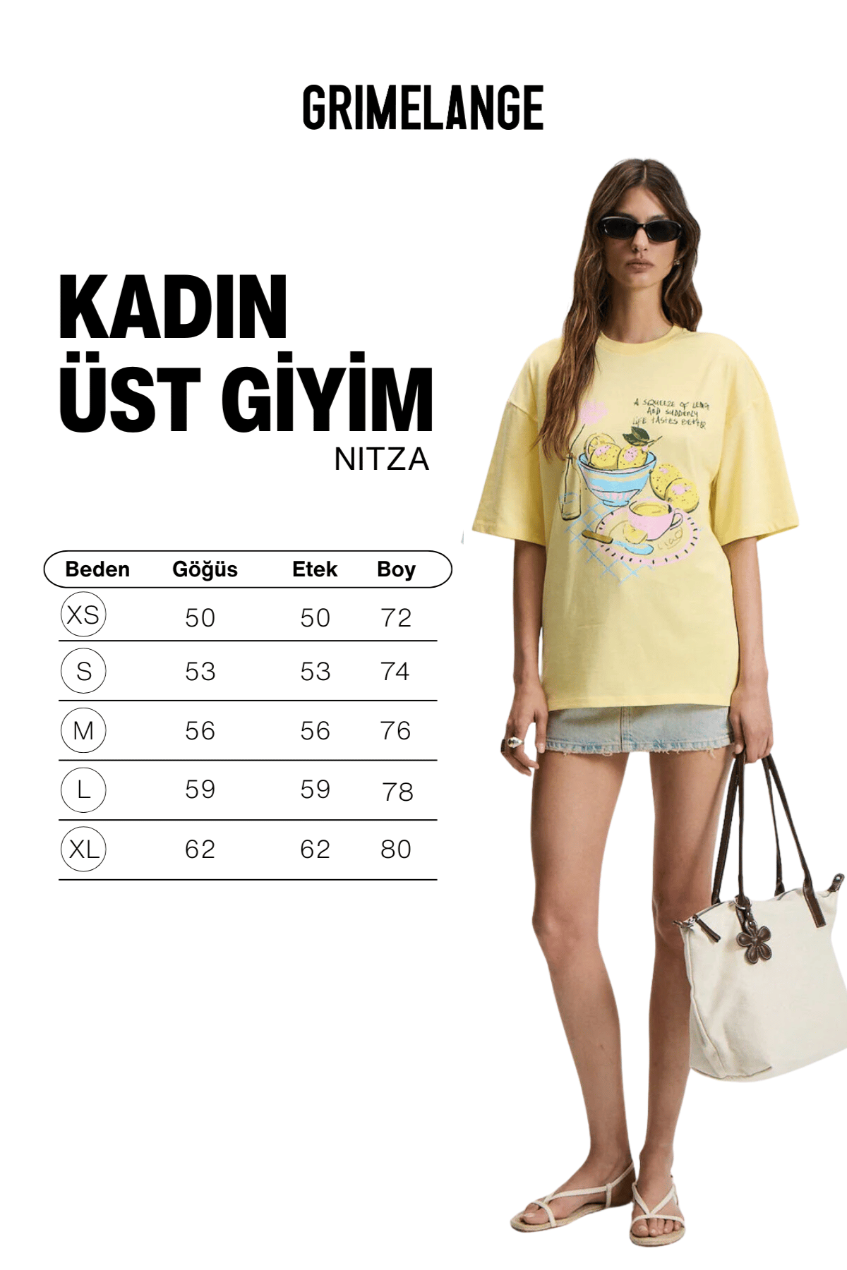 NITZA Kadın %100 Pamuk Oversize Bisiklet Yaka Sarı T-Shirt