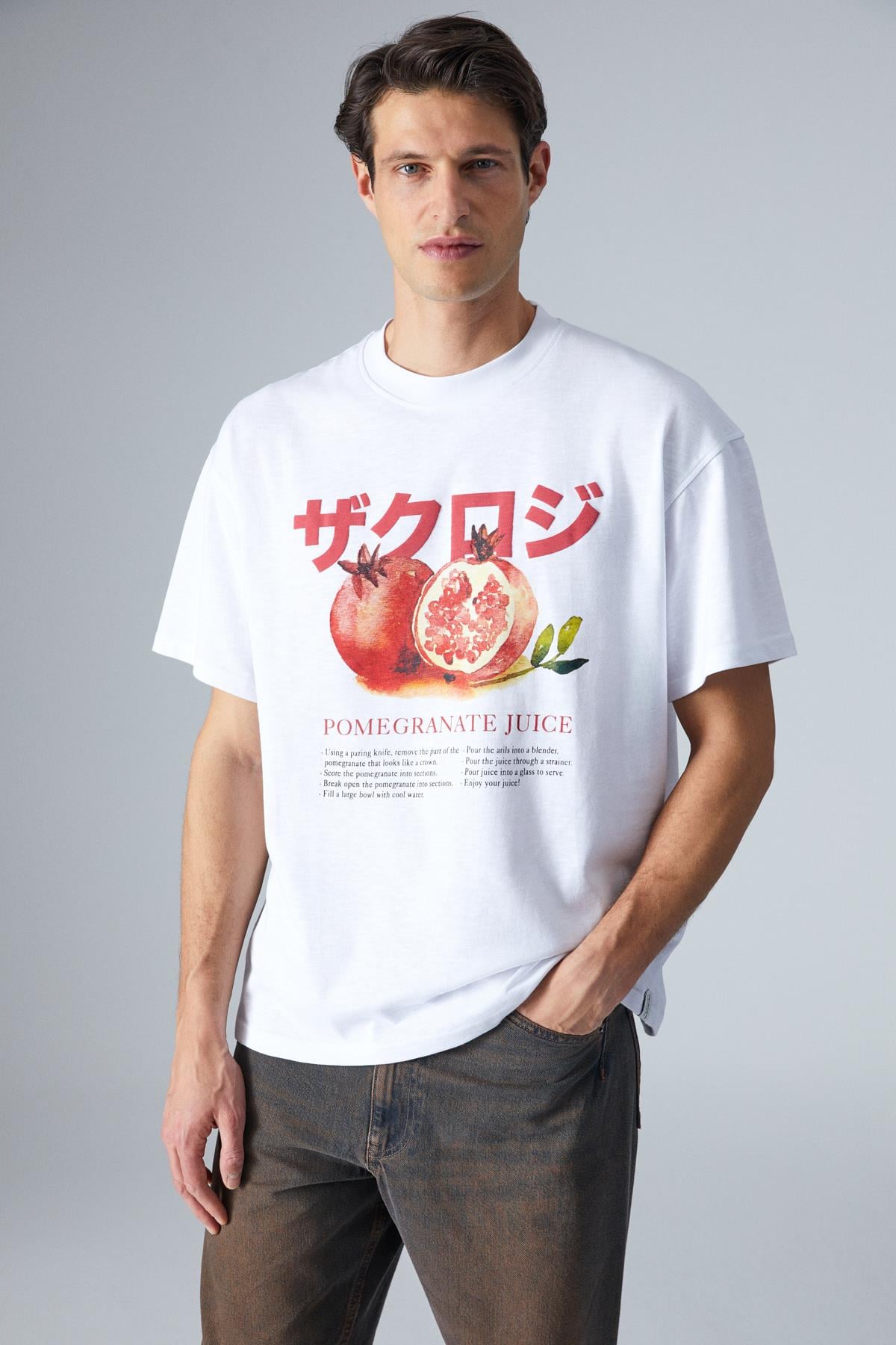 POMEGRANATE Erkek Sırt Baskılı Beyaz T-Shirt | Grimelange