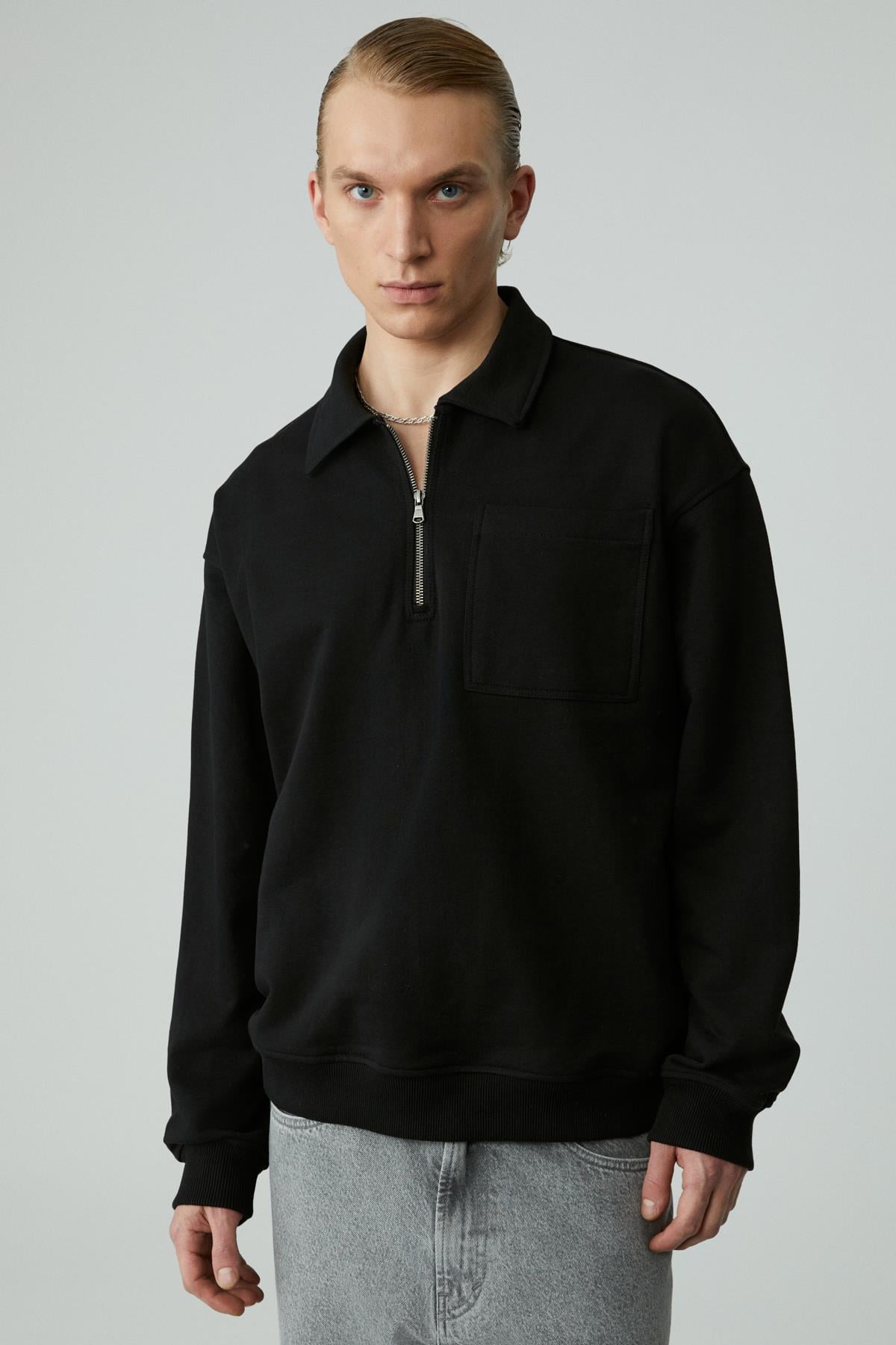 SHIFTD Erkek Bisiklet Yaka Uzun Kollu Fermuarlı Siyah Sweatshirt