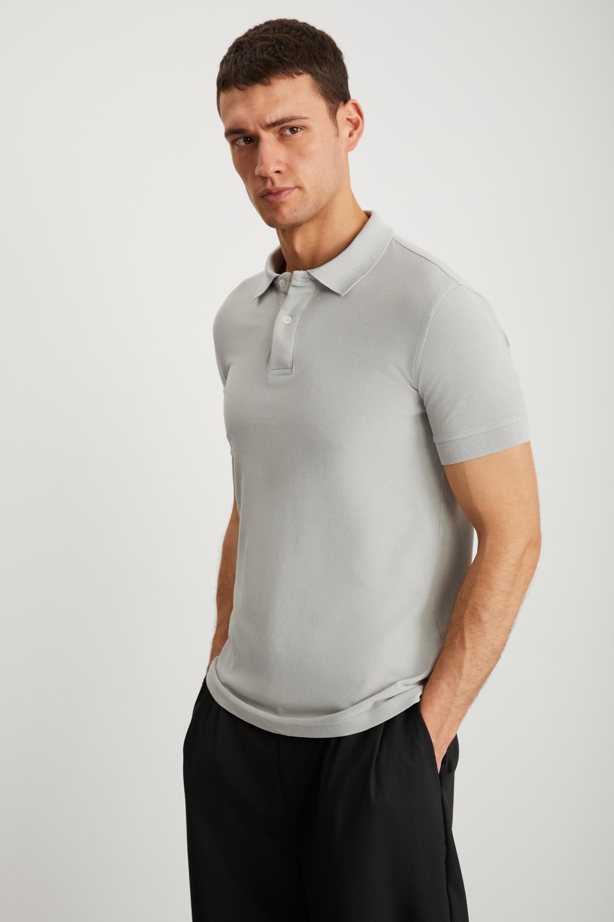 VERNON Erkek Soluk Efektli Gri Polo Yaka T-shirt | Grimelange