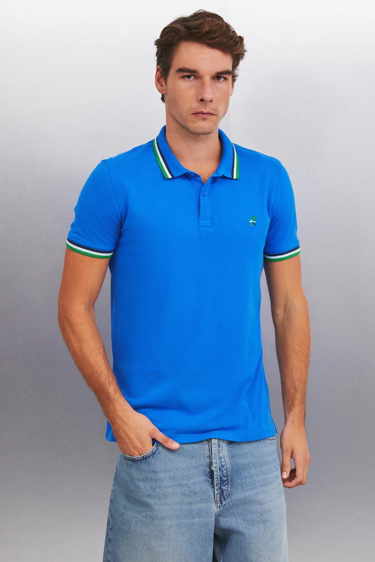 XANDER Erkek Regular Saks Mavi Tekli Polo Yaka T-shirt | Grimelange
