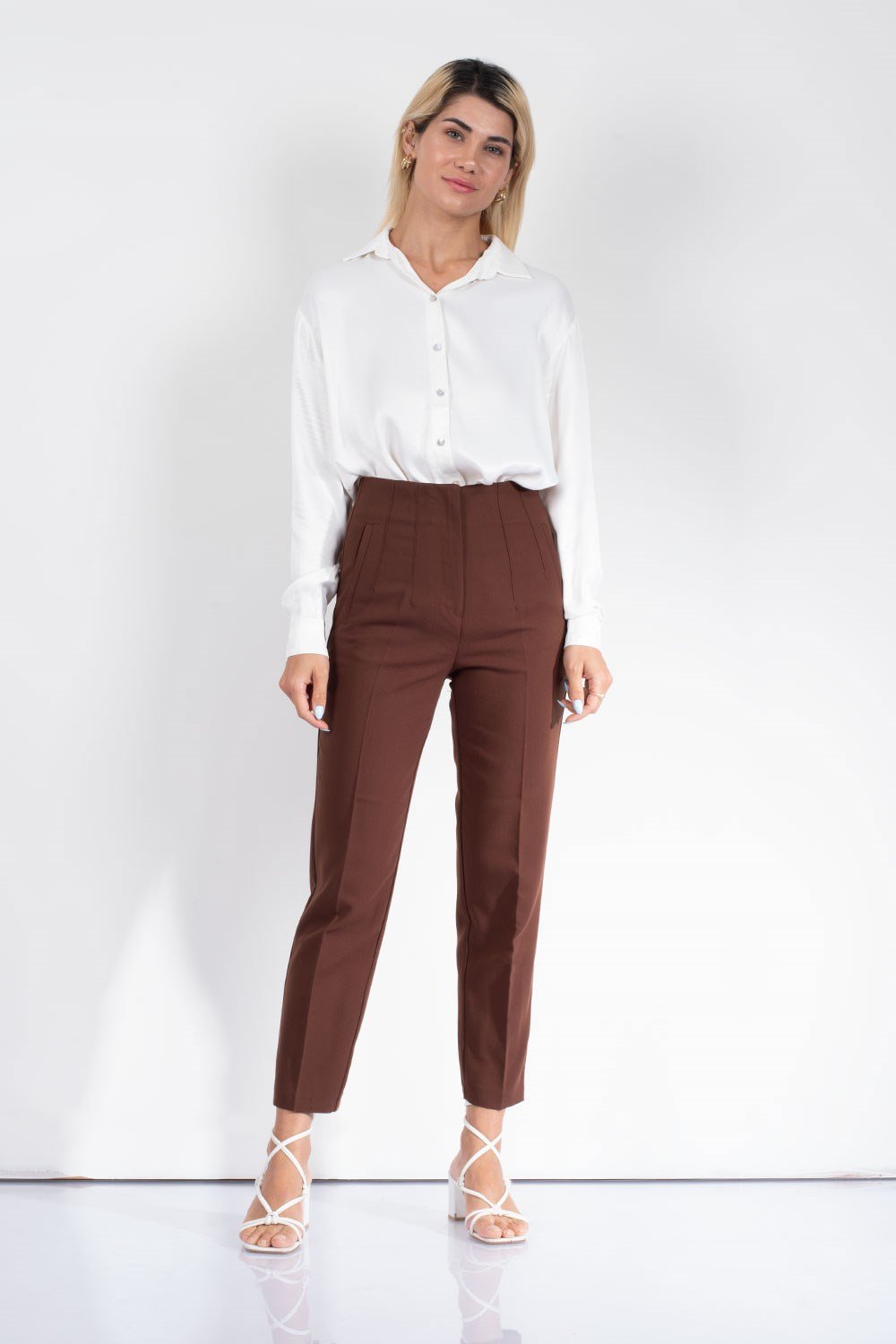 Kadın Kahve Pileli Boru Paça Kumaş Pantolon | Pranga Giyim