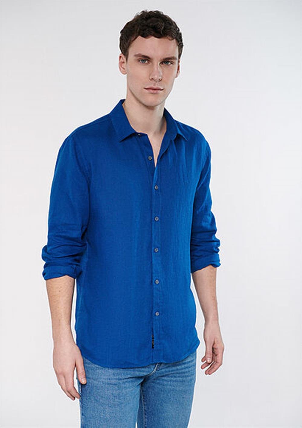 Erkek Saks Mavi M021190-70894 Keten Gömlek | Pranga Giyim