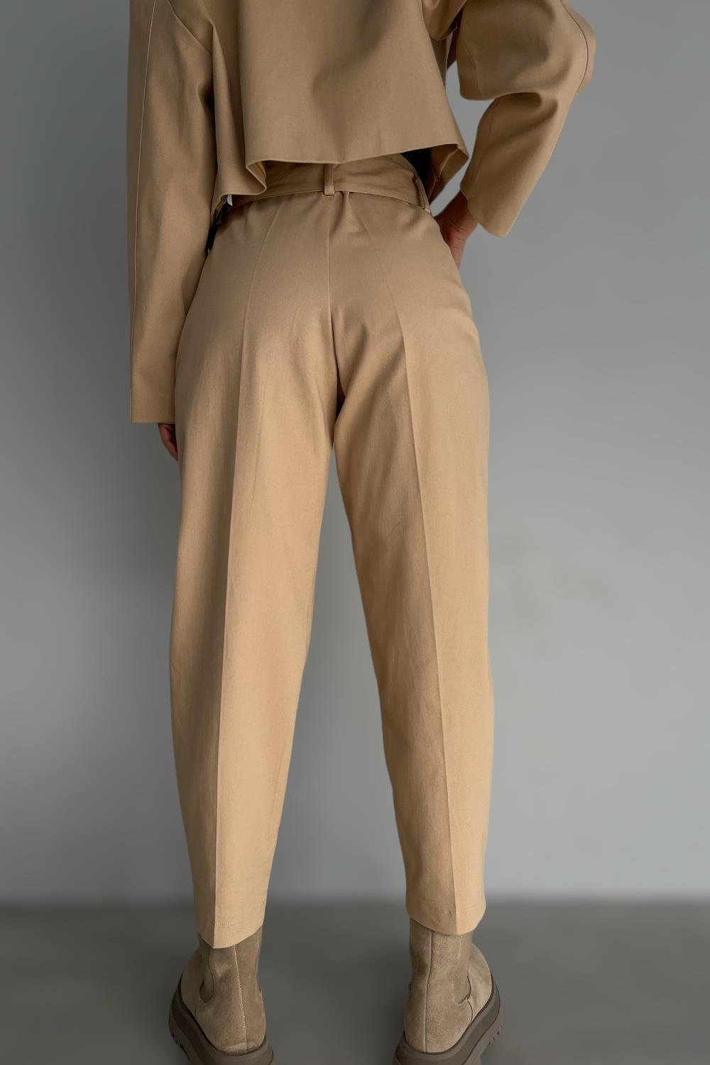 Kadın Bej Kemerli Paperbag Pantolon | Pranga Giyim