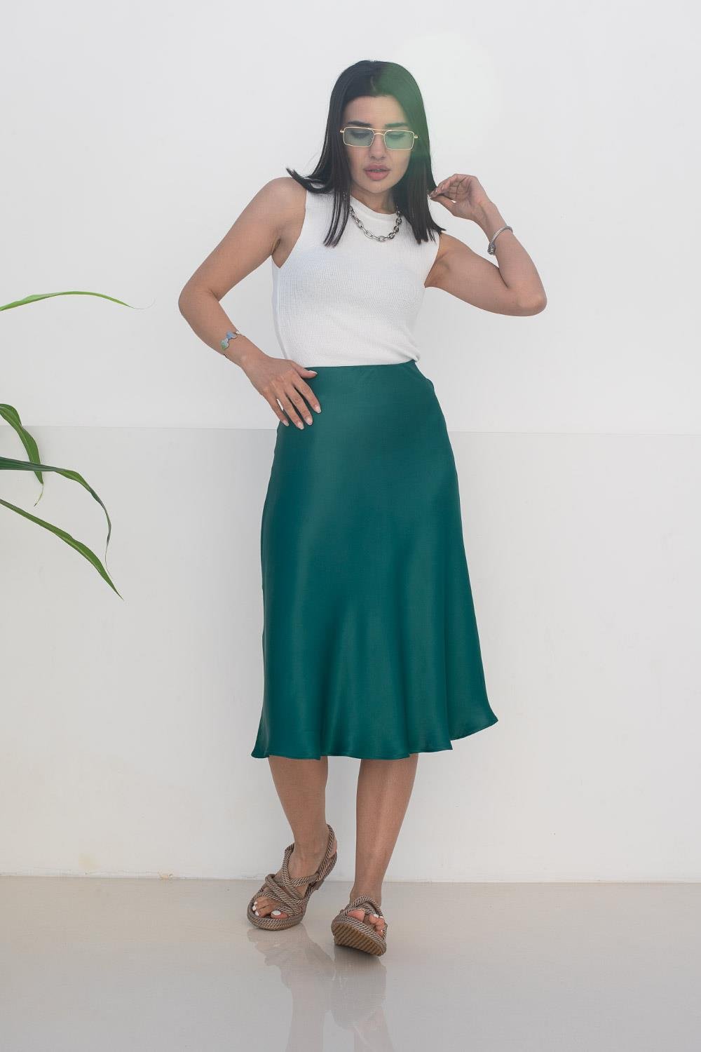 Kadın Koyu Yeşil Saten Etek | Pranga Giyim