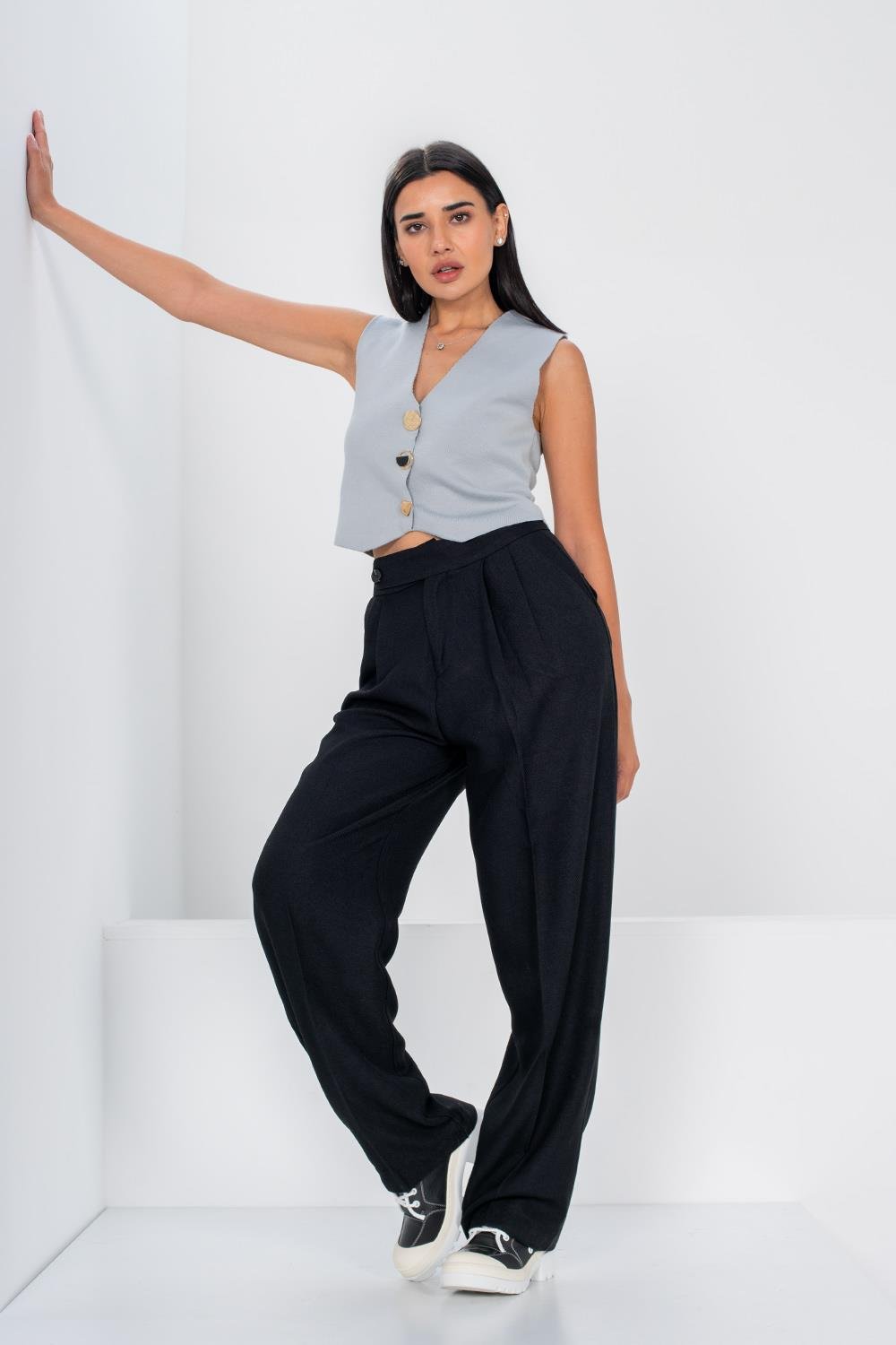 Kadın Siyah Pileli Bol Pantolon | Pranga Giyim