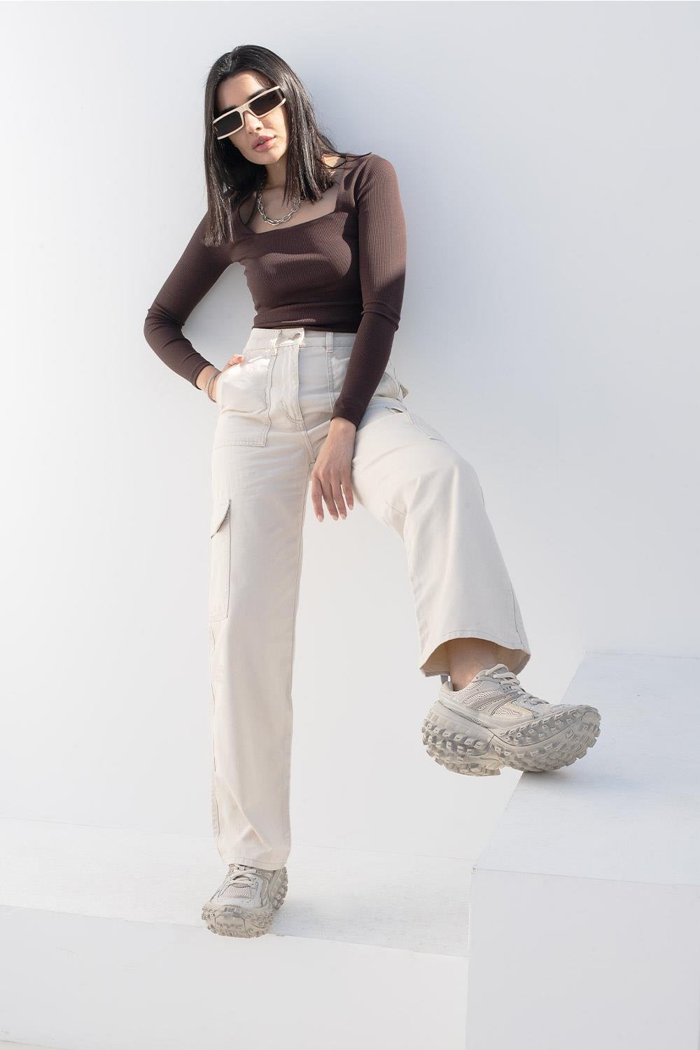Kadın Taş Rengi Bol Paça Kargo Pantolon | Pranga Giyim