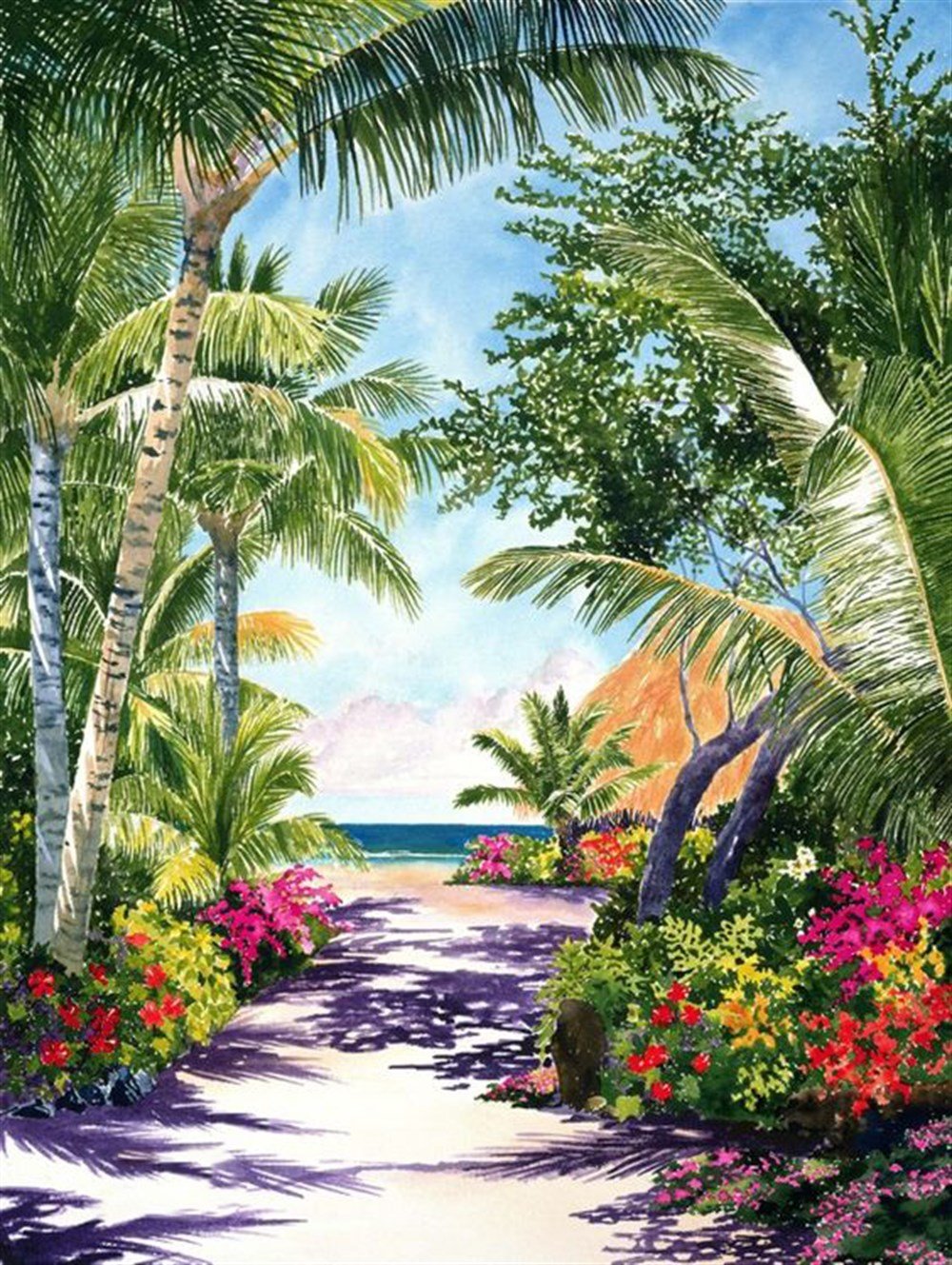 Çiçekli Tropikal Ada Elmas Mozaik Tablo 43x58cm- marcelsanat.com