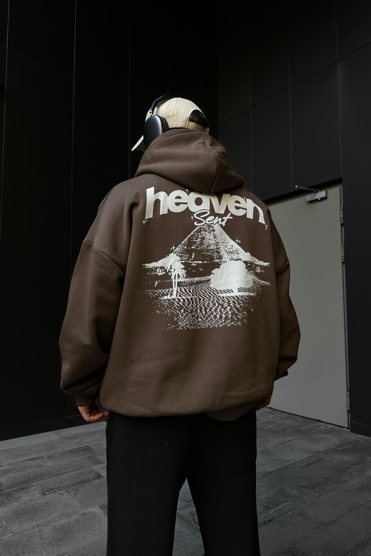 はなひさ BROWN'S BEACHVEST　ACADEMY HOODED Heaven Baskılı Kahve Oversize Zipper Hoodie SW1103 - Jr.crime