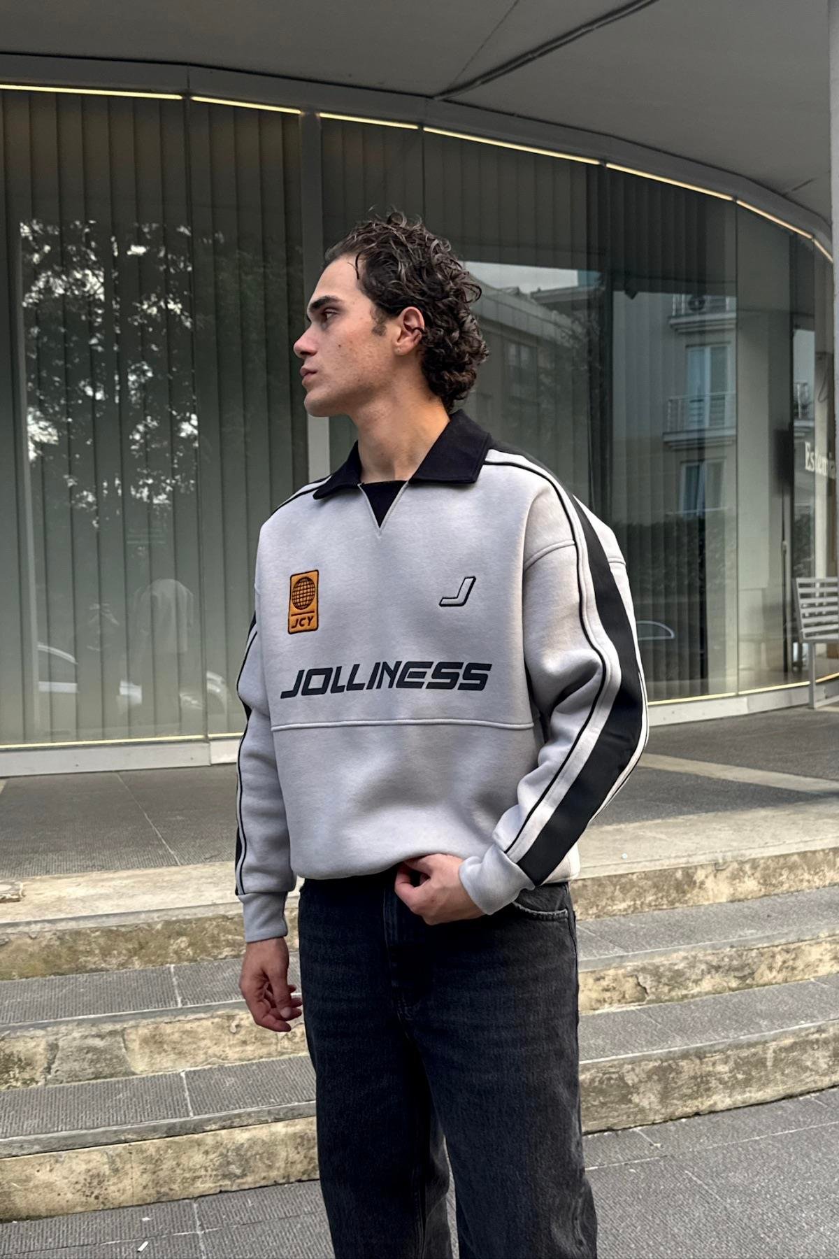 スノーボード EASY STRAY STRIPED ZIP POLO Jolliness Baskılı Polo Yaka Oversize Sweatshirt JC01 l JR.Crime