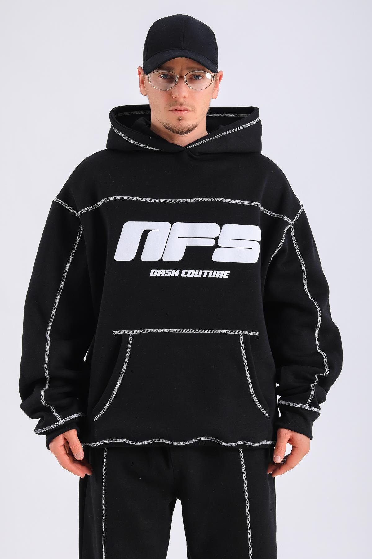Kontrast Dikiş Siyah Nfs Baskılı Oversize Hoodie SW1406 - Jr.crime