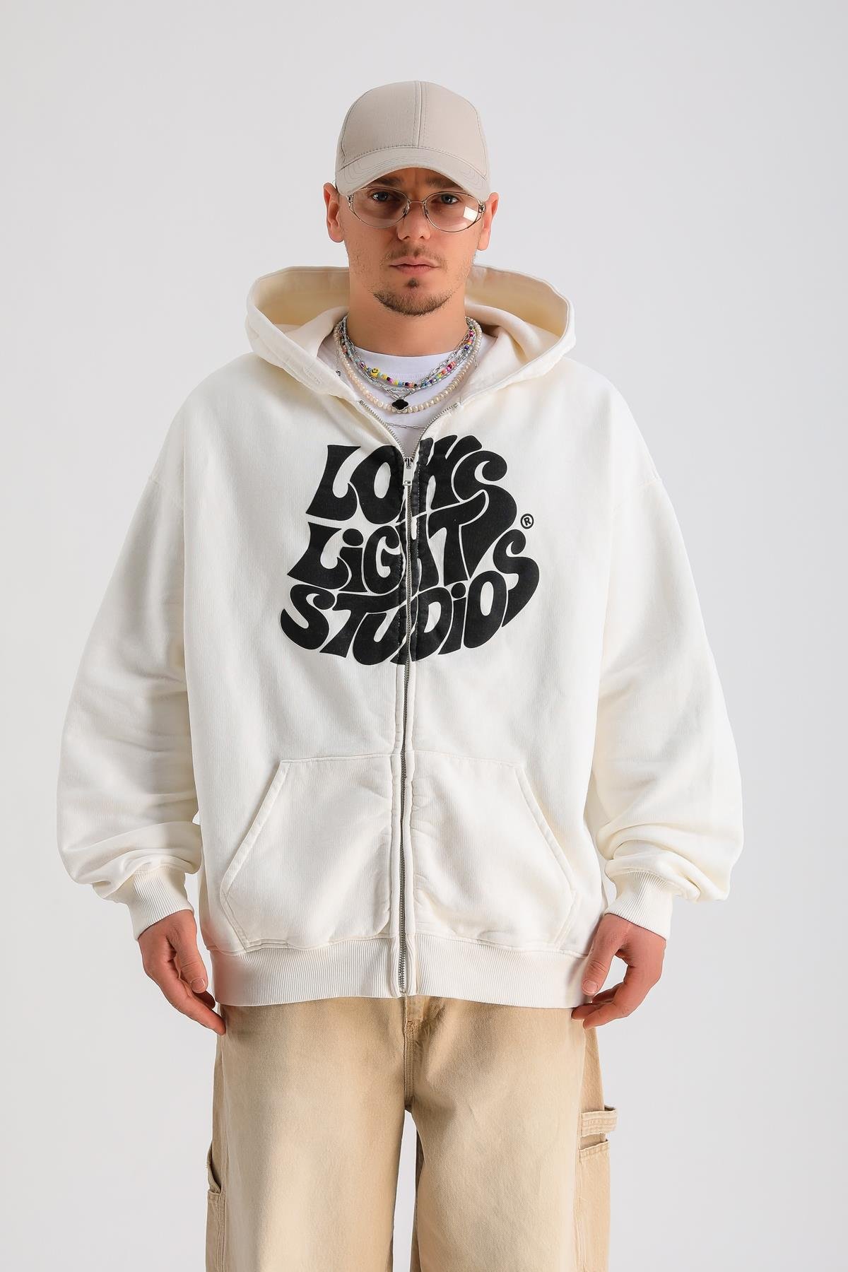 LLS Baskılı Krem Zipper Oversize Hoodie SW1246 - Jr.crime