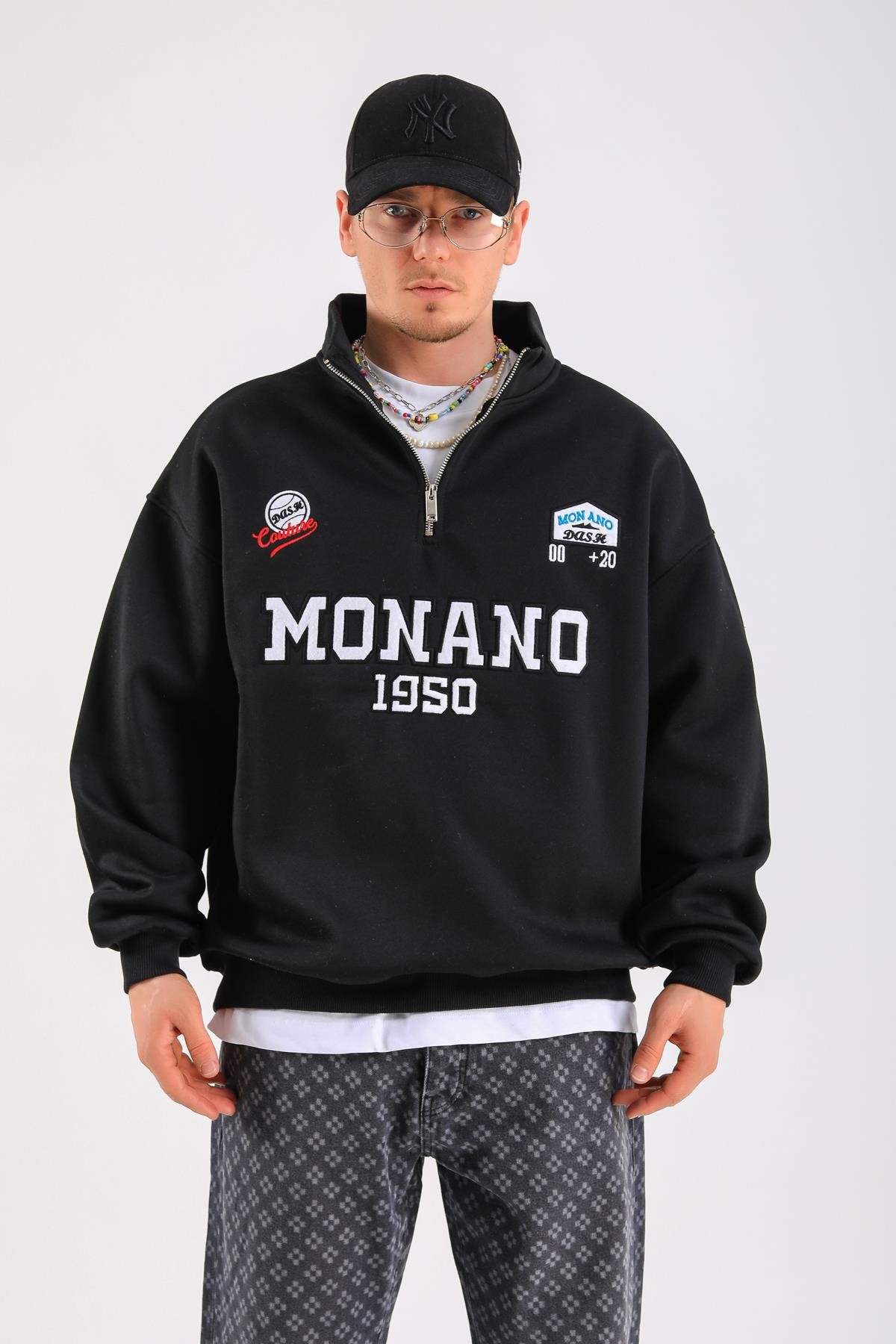 Monano Nakışlı Fermuar Yaka Siyah Oversize Sweatshirt SW1314 - Jr