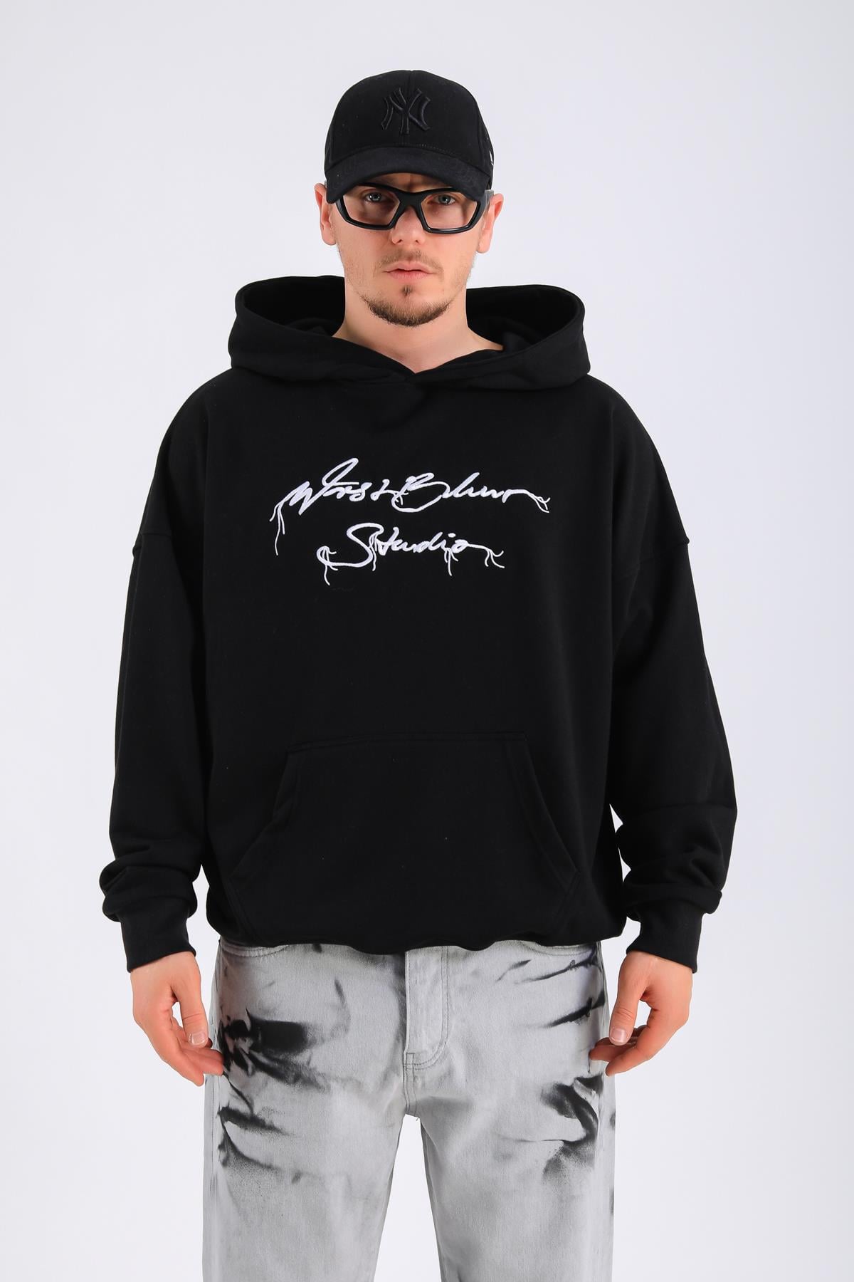 Nakışlı Siyah Oversize Hoodie SW1326 - Jr.crime