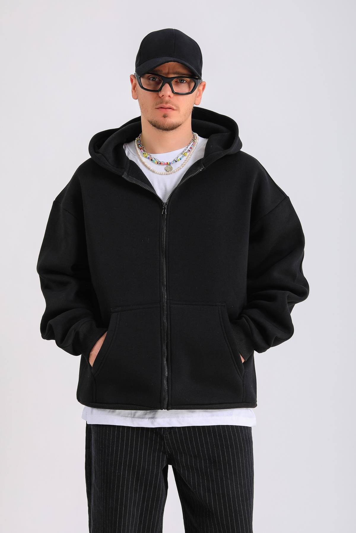 Siyah Basic Oversize Zipper Hoodie SW1286 - Jr.crime