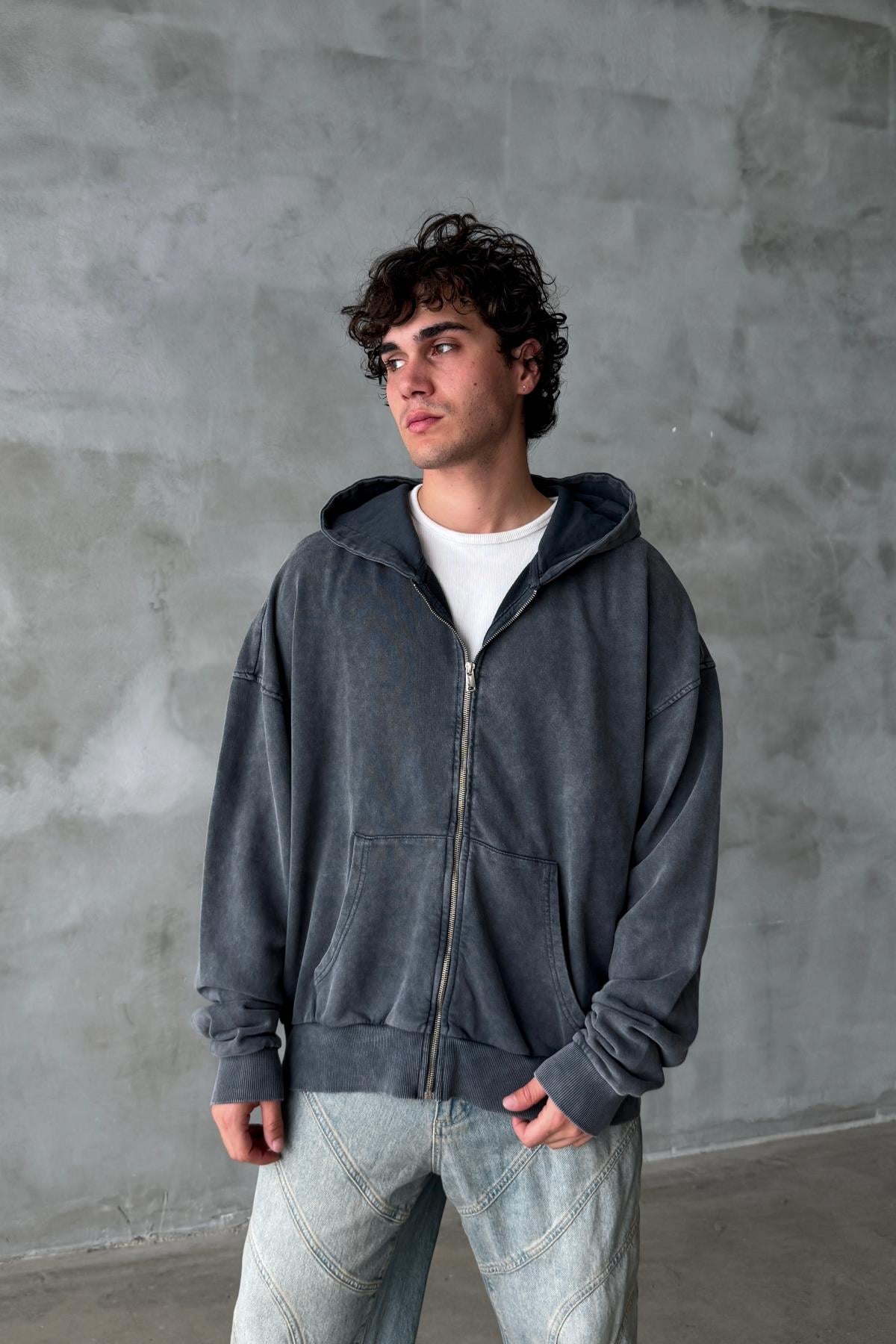 Yıkama Efektli Oversize Zipper Hoodie PM01 l JR.Crime