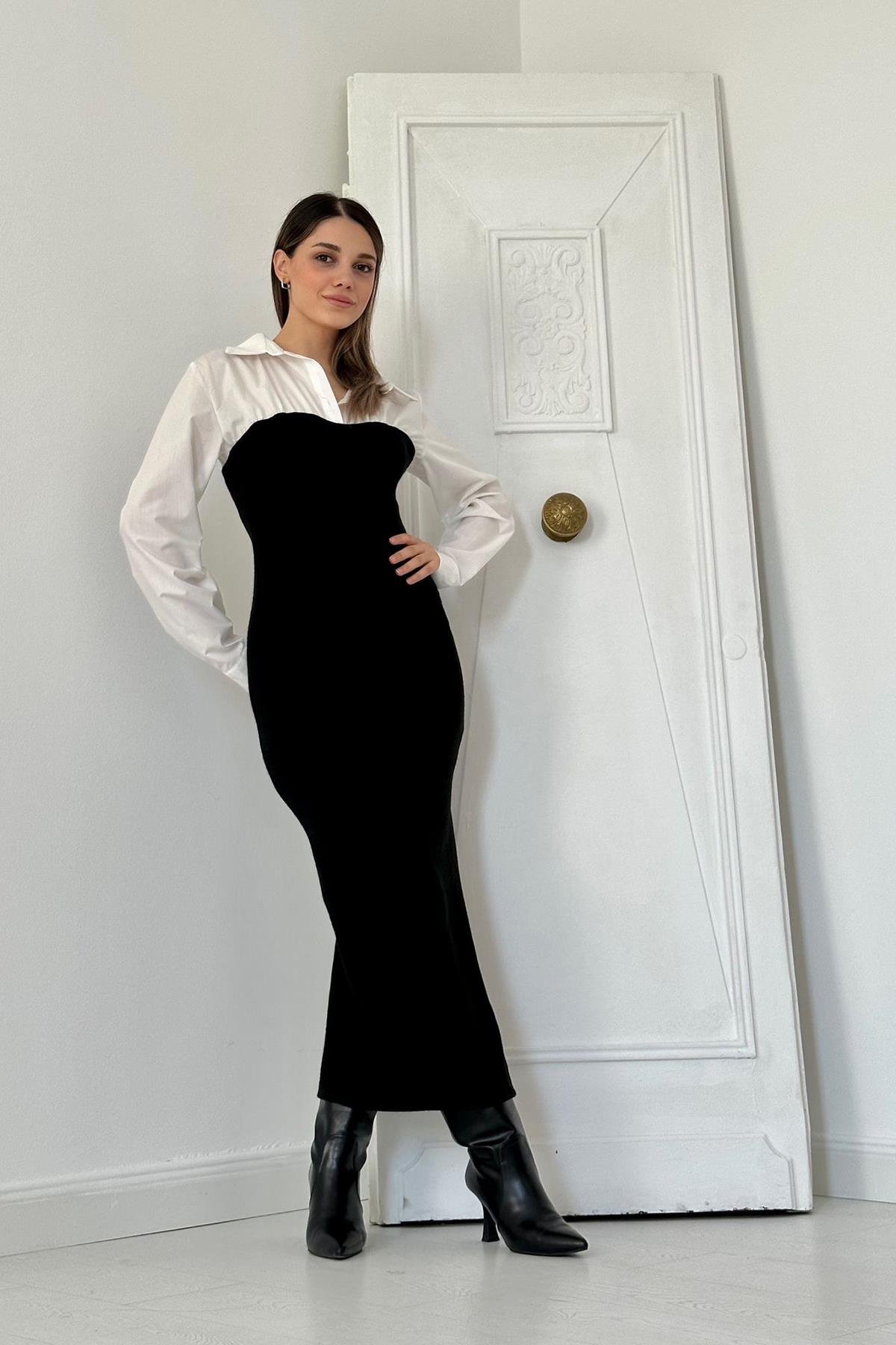 Üstü Gömlek Yırtmaç Elbise - Siyah | elbee.com.tr