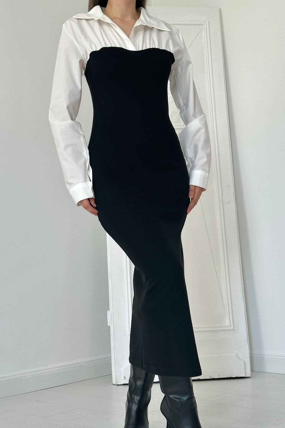 Üstü Gömlek Yırtmaç Elbise - Siyah | elbee.com.tr