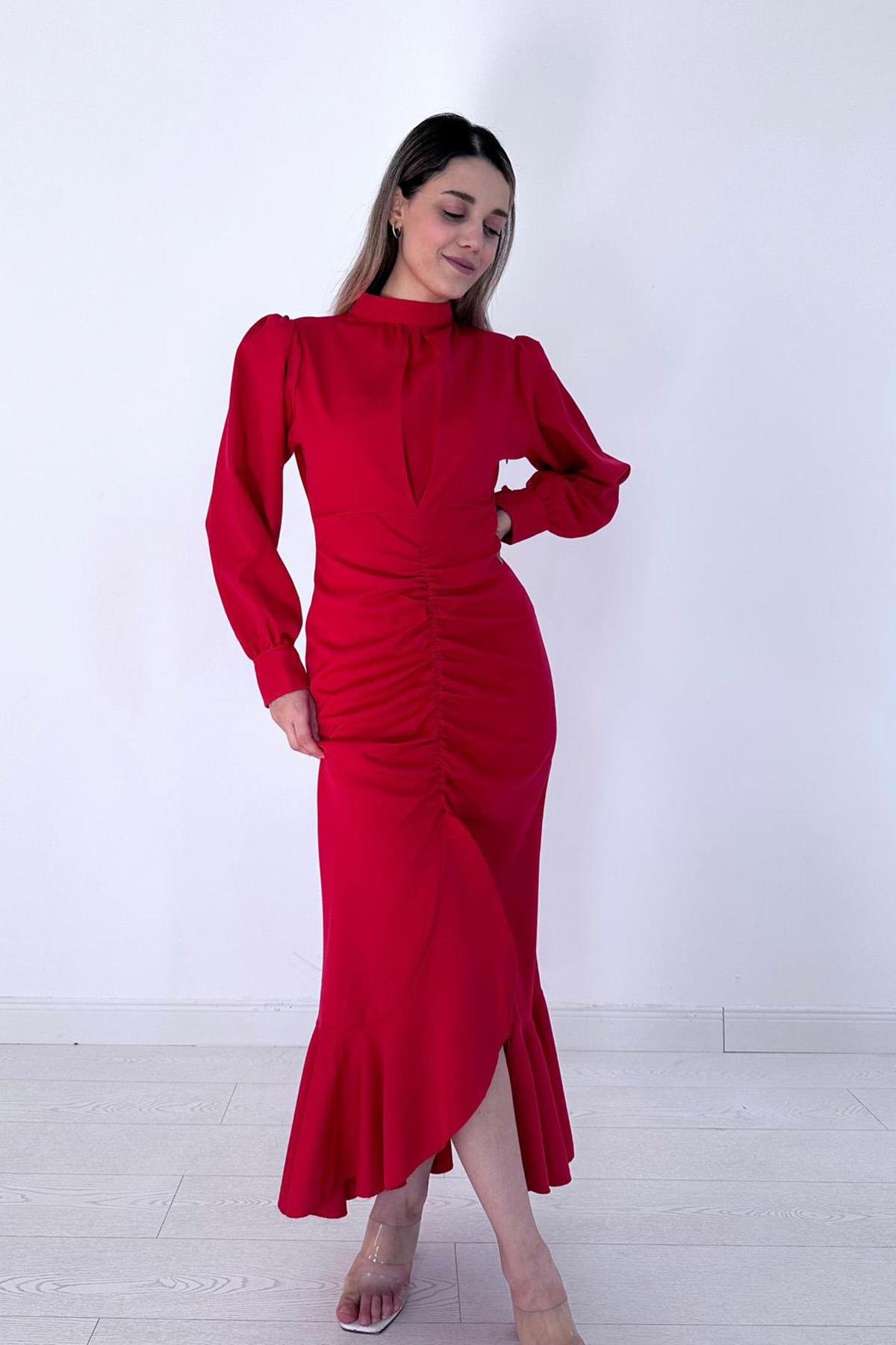 Volanlı Uzun Kol Elbise - Kırmızı | elbee.com.tr