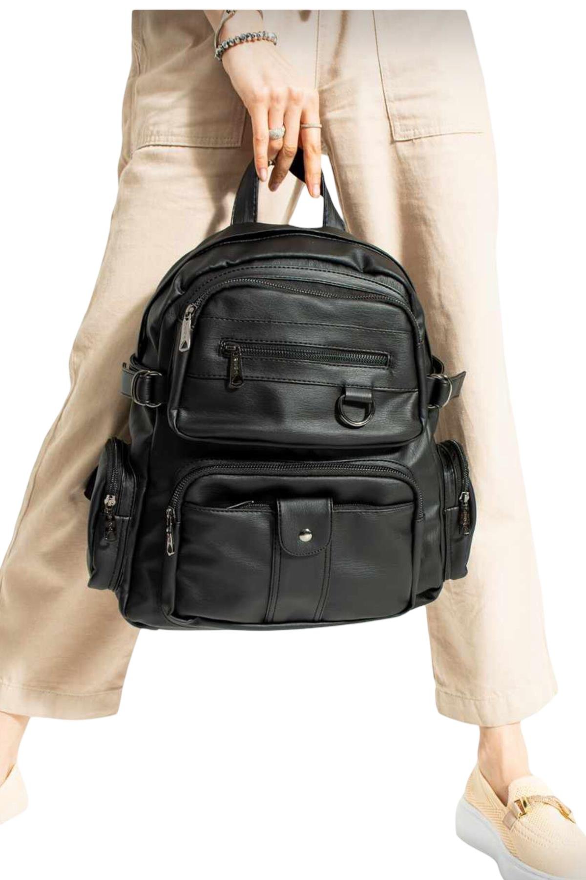 Yıkanmış yumuşak deri kadın sırt çantası mega 501 siyah |elizabell.com.tr