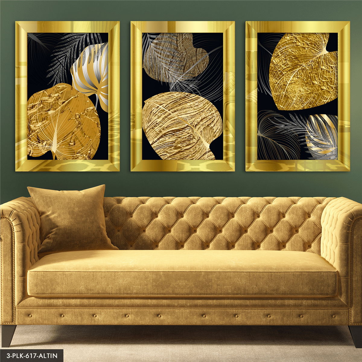 Gold Yapraklar 3 Parça Gold Pleksi Aynalı Tablo