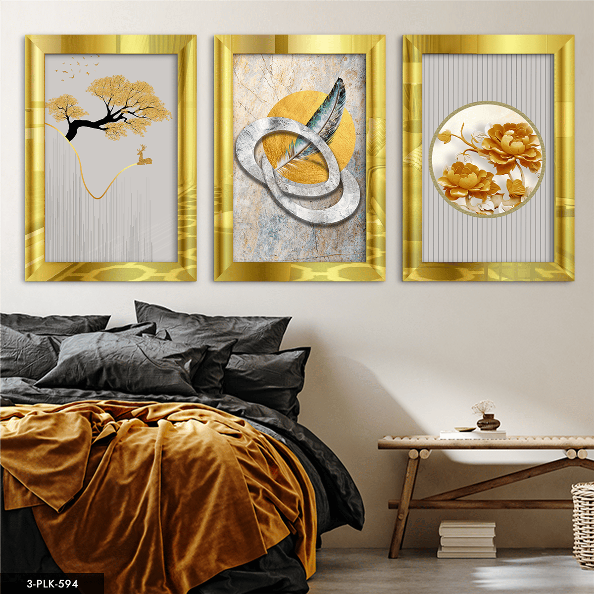 Soyut 3 Parça Gold Pleksi Aynalı Tablo