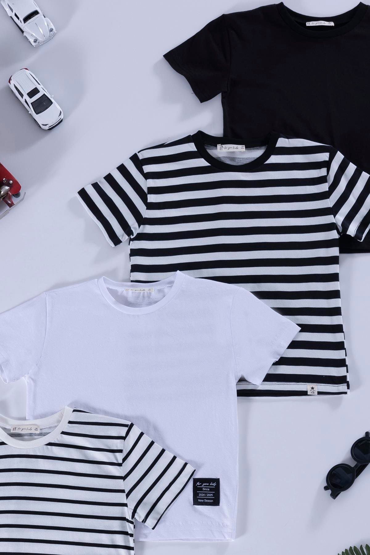 For You Kids 4 lu Etiket Detayl Cizgili Siyah Beyaz Tshirt