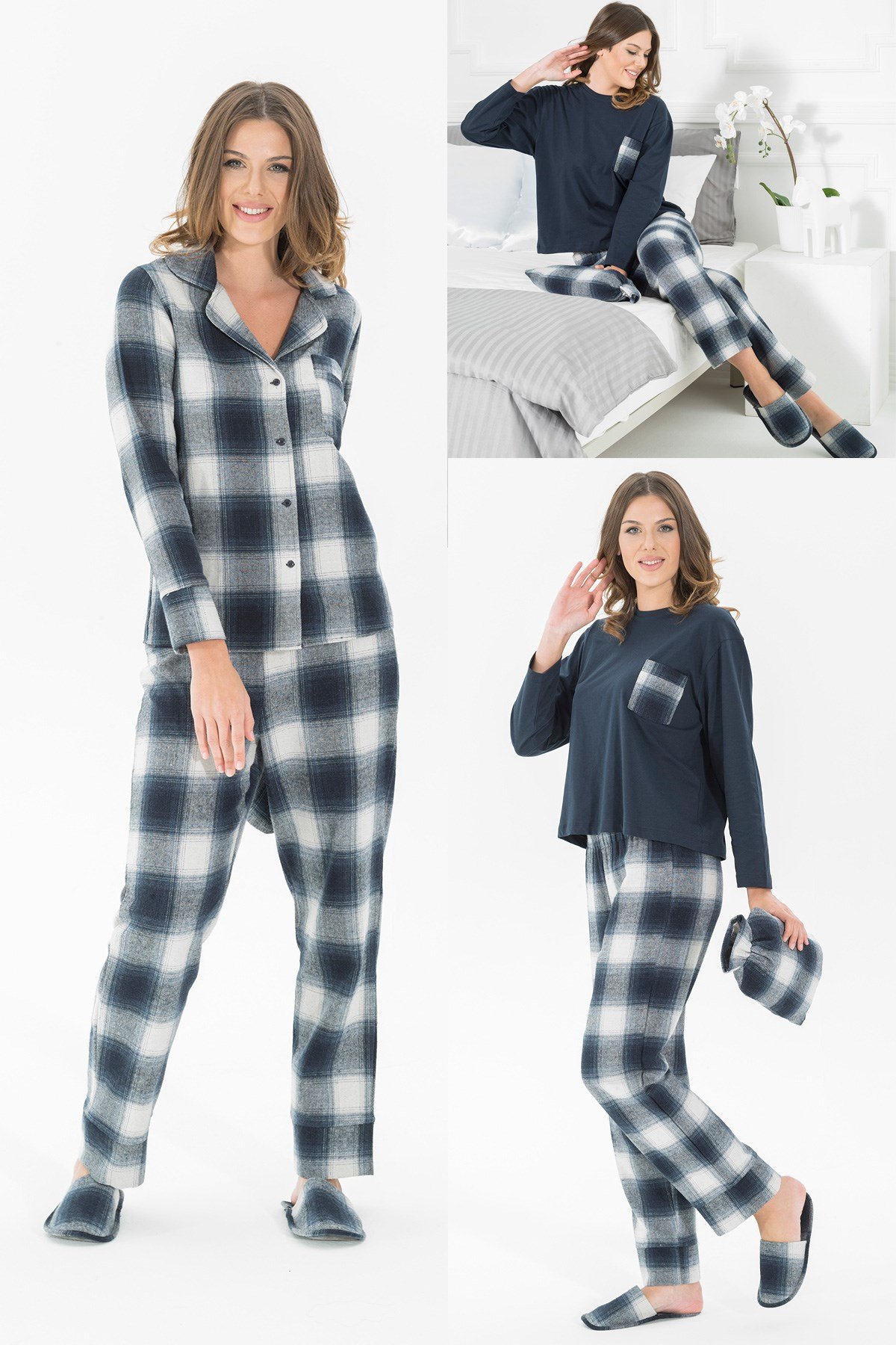 For You Moda Kadın 5 li Terlikli Lacivert Ekoseli Siyah Pijama Takımı