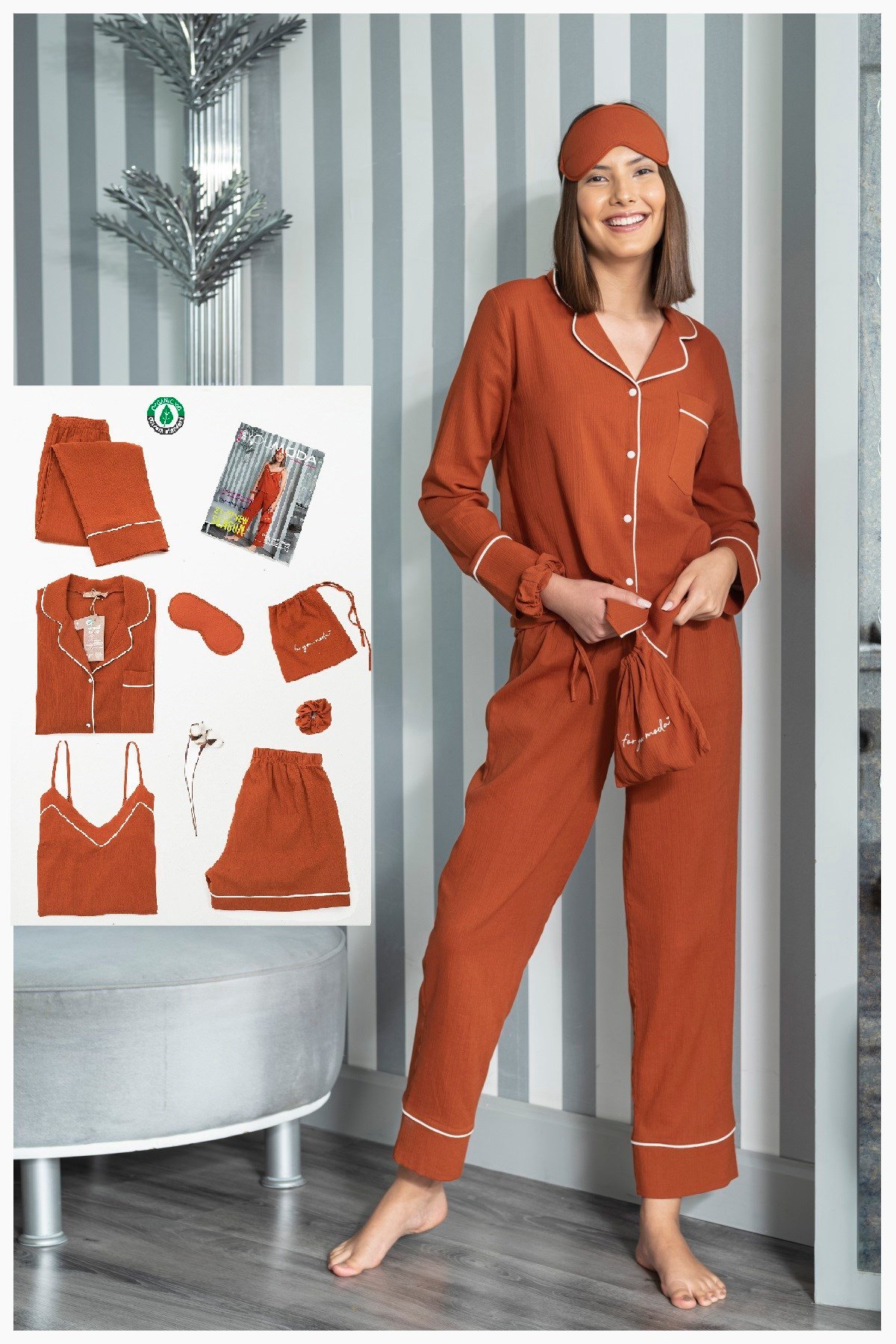 For You Moda Kadın Organik 7 li Beyaz Biyeli Pijama Takımı Kiremit