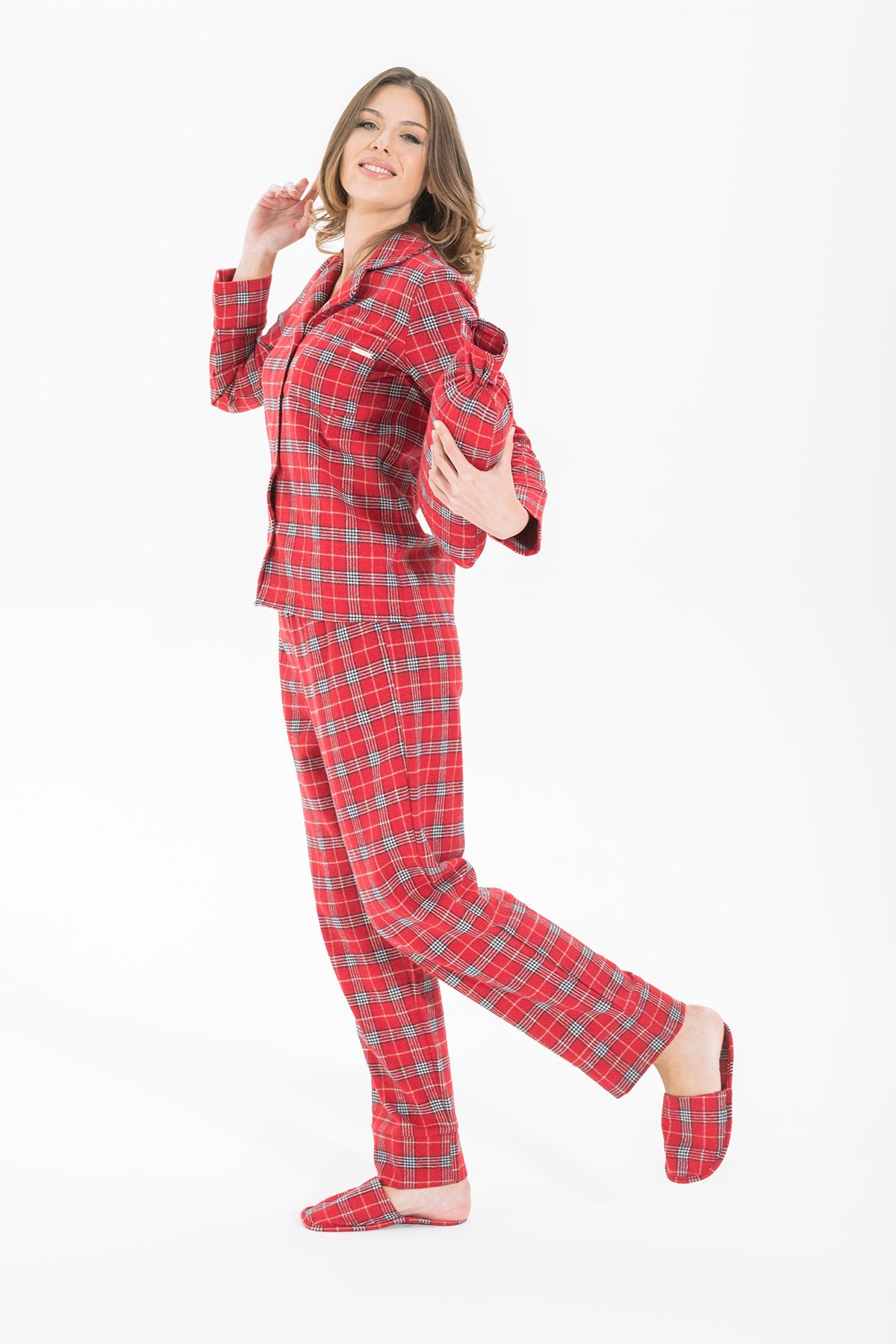 For You Moda Kadın 5 li Terlikli Kırmızı Ekoseli Pijama Takımı
