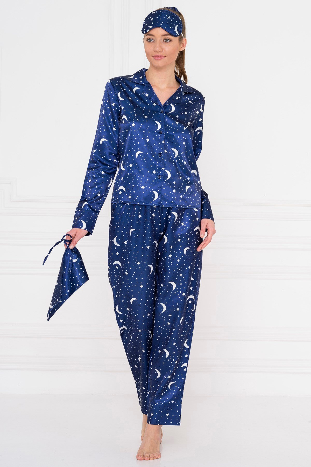 For You Moda Kadın 6 lı Ay Yıldız Desen Saten Pijama Takımı