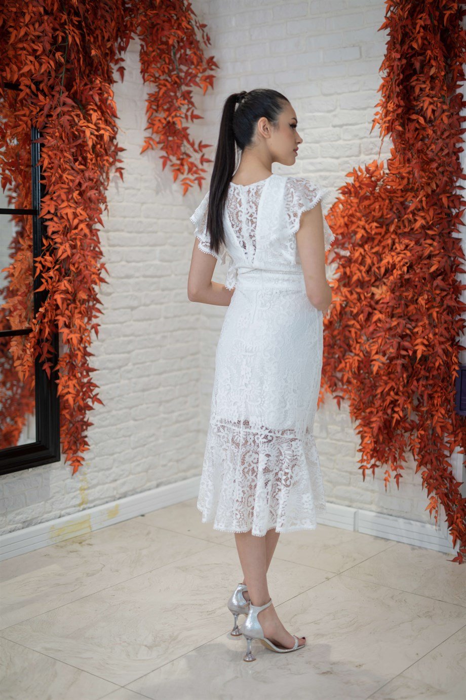 Dantelli Fırfırlı Kol Midi Beyaz Nikah Elbisesi - egelin