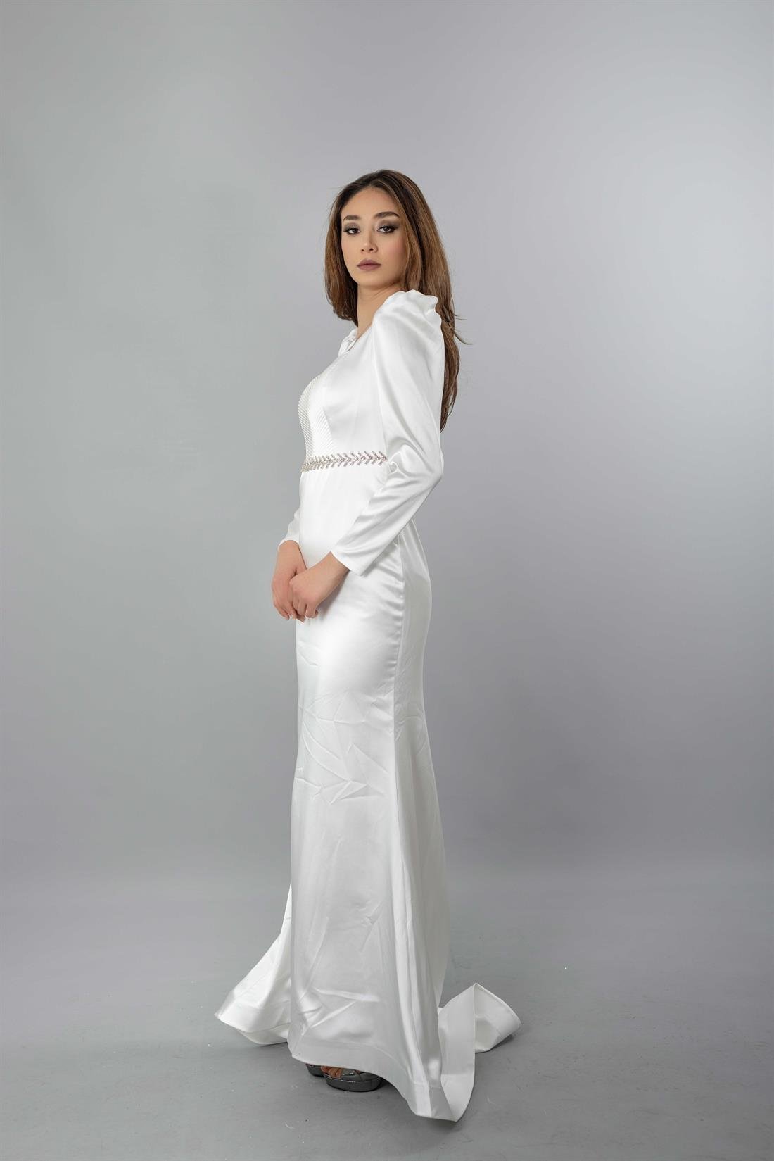 Uzun Kol Kare Yaka Saten Beyaz Abiye Elbise - egelin